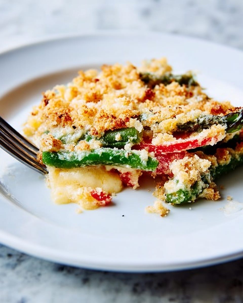 A white plate holds a slice of baked vegetable gratin showing three main layers: the bottom layer is creamy melted cheese with a smooth, glossy texture in pale yellow; the middle layer features bright green beans and thin strips of red bell pepper, adding color and a fresh, slightly crisp look; the top layer is golden brown breadcrumbs with a rough, crunchy texture covering the vegetables in a bubbly, toasted crust. A fork rests on the left side of the plate, pressing gently into the slice, with a white marbled surface underneath. photo taken with an iphone --ar 4:5 --v 7