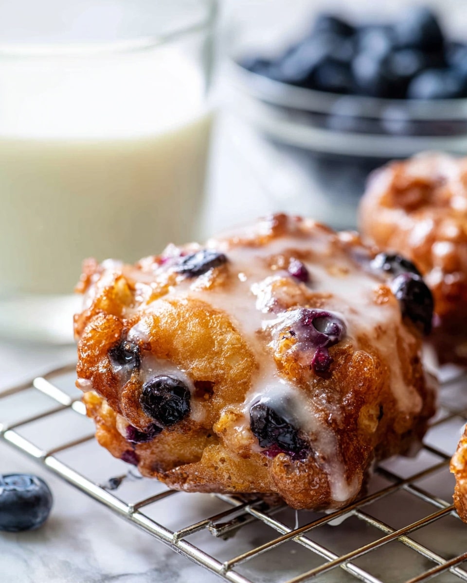 A single piece of golden-brown fried fritter sits close up on a metal cooling rack, with a shiny white glaze drizzled unevenly over its rough, crispy surface. The fritter has visible dark blueberries embedded within the batter, showing rich purple-black spots scattered on the top and sides. The texture looks crunchy with some small rough edges, and the glaze adds a smooth, sticky contrast. In the blurry background, there is a clear glass bowl filled with blueberries and a glass of white milk, all placed on a white marbled surface. photo taken with an iphone --ar 4:5 --v 7