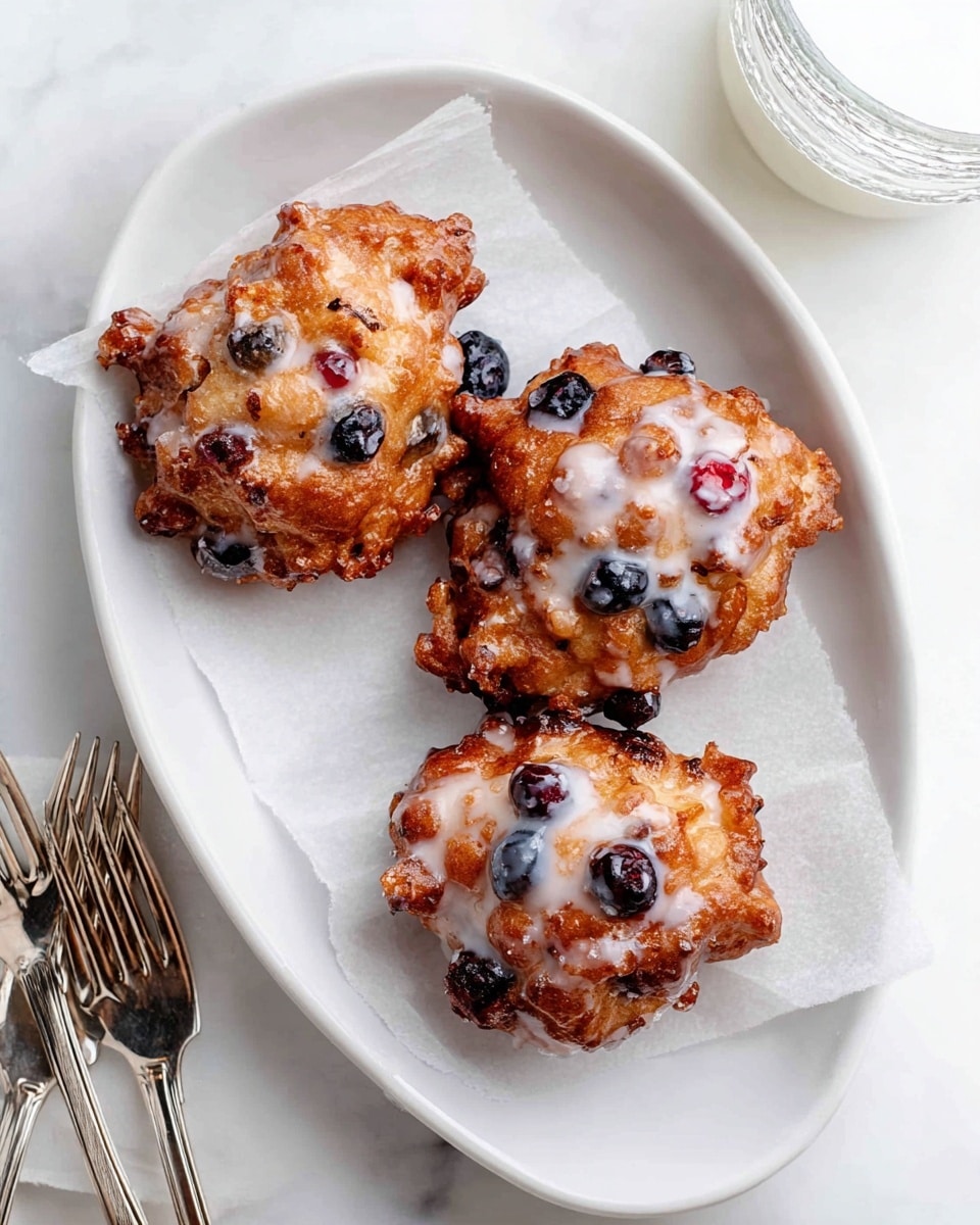Three golden brown fritters with an uneven, crispy texture are placed on white parchment paper on a white oval plate over a white marbled surface. Each fritter is dotted with whole dark blueberries and red berries, and all are lightly coated with a dripping white sugar glaze that adds a shiny, sticky layer on top. To the right of the plate, there is a clear glass container partially visible, with white contents inside. In the bottom left corner, two shiny silver forks rest on the white marbled surface. Photo taken with an iphone --ar 4:5 --v 7