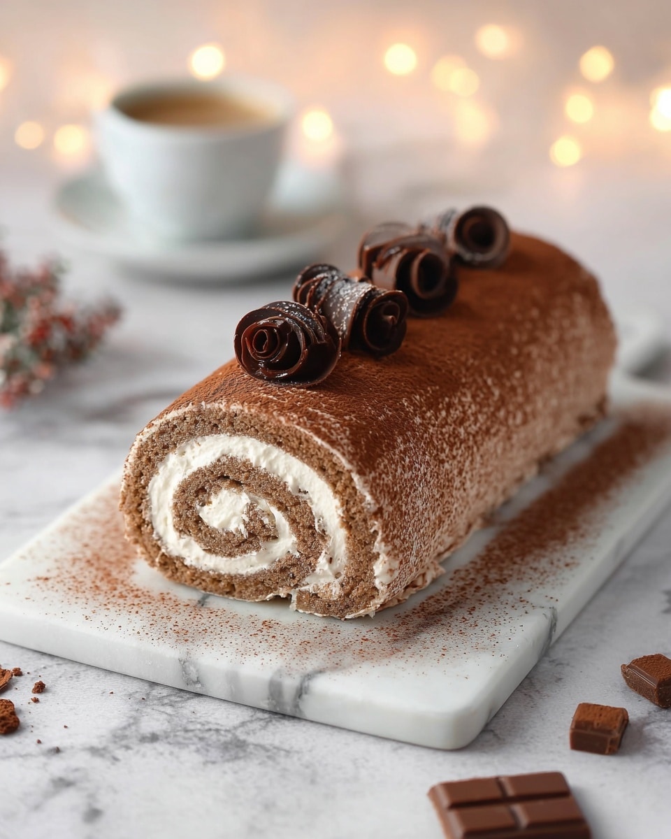 A Swiss roll cake sits on a white marbled cutting board, with one visible swirl layer of light brown sponge cake and creamy white filling. The whole roll is covered in a dusting of cocoa powder, giving it a soft brown top layer. On top, there are three dark chocolate curls placed neatly in a row, adding a textured, rich dark brown decoration. Around the board, a few pieces of chocolate squares and cocoa powder are scattered. In the blurred background, a white cup of coffee is placed on the same white marbled surface with soft warm lights creating a cozy atmosphere. photo taken with an iphone --ar 4:5 --v 7