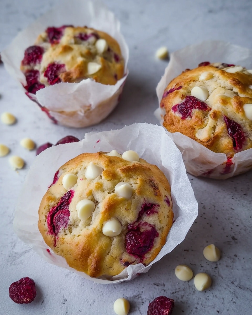 The image shows three muffins wrapped in white parchment paper, each with a golden-brown top layer that is slightly cracked and soft-looking. The muffins have visible deep red raspberry pieces embedded on the surface, bursting through the crust, and light beige white chocolate chips scattered unevenly on top. The muffins sit on a white marbled textured surface with some loose white chocolate chips scattered nearby. Photo taken with an iphone --ar 4:5 --v 7
