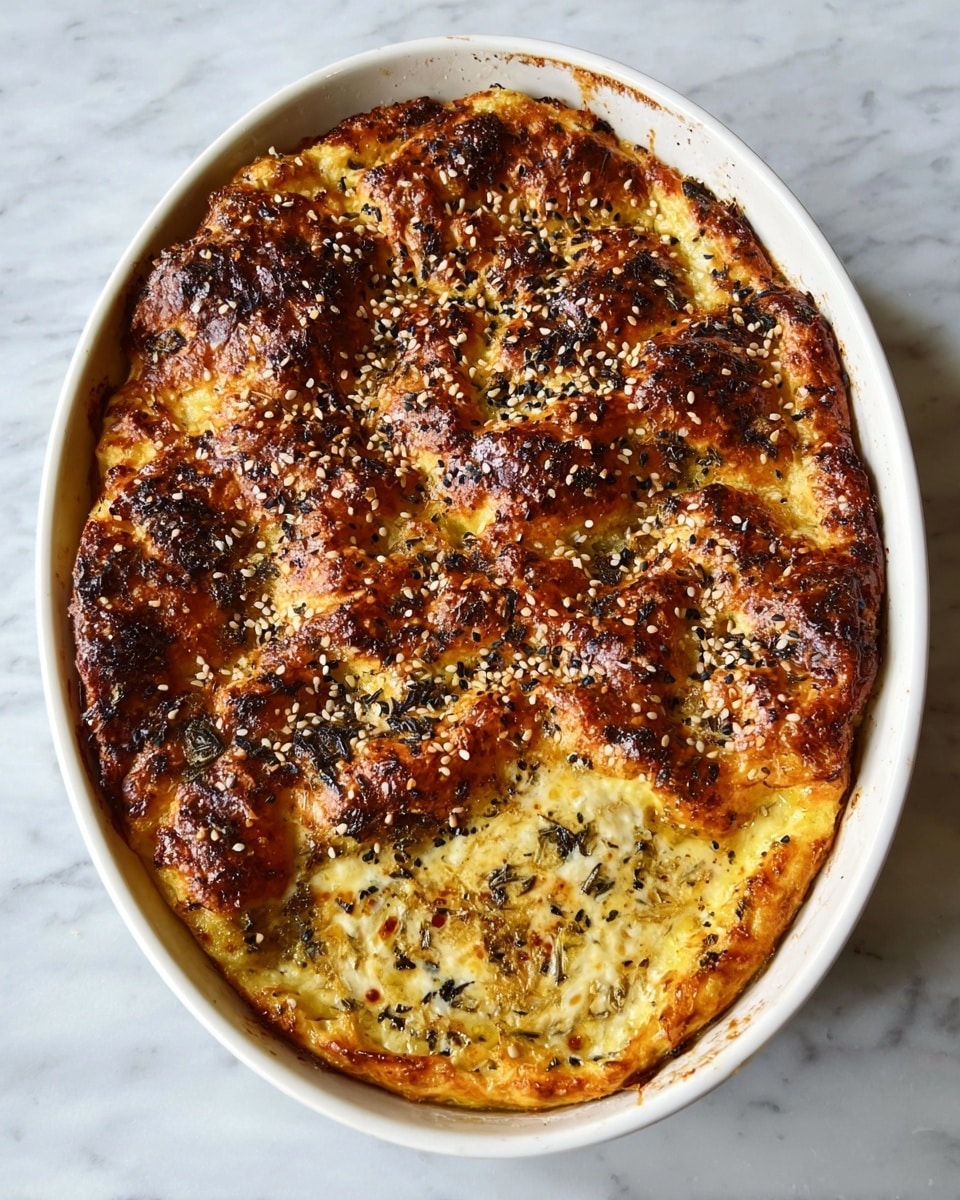 A baked dish in a white oval ceramic pan with a golden-brown top layer, showing uneven puffs and crispy spots. The top is sprinkled unevenly with a mix of black and white seeds and coarse salt. Below this crunchy top layer, there is a creamy, pale yellow layer with black specks, likely herbs or spices, giving a textured, slightly bubbly appearance. The edges are browned and appear crispier than the center. The pan rests on a white marbled surface. photo taken with an iphone --ar 4:5 --v 7