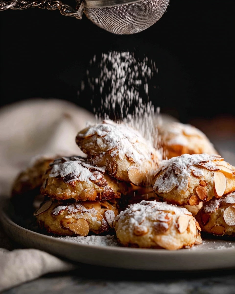A close-up of several round cookies covered with toasted almond slices, arranged in a pile on a white plate. The cookies are golden brown and have a rough, crunchy texture from the almond slices. White powdered sugar is being sprinkled from a silver mesh strainer above the cookies, mid-air, creating a delicate dusting over the cookies and a soft contrast against the dark blurred background. The plate is set on a white marbled surface with a soft cloth underneath, and the lighting highlights the texture and warmth of the cookies. photo taken with an iphone --ar 4:5 --v 7