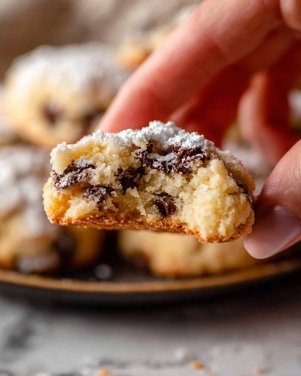 A close-up image shows a woman's hand breaking apart a soft cookie with a crumbly texture. The cookie has two main layers: a light golden brown outer crust dusted lightly with white powdered sugar, and an inner soft, pale yellow dough mixed with dark brown chocolate chips. The background is slightly blurred with a white marbled texture and a dark round plate partially visible underneath. Photo taken with an iphone --ar 4:5 --v 7
