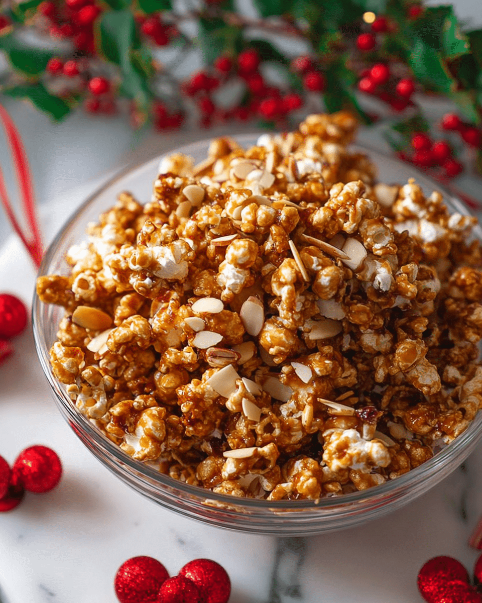 A clear glass bowl filled with caramel popcorn mixed with small, thin sliced almonds scattered evenly on top and throughout. The popcorn is rich golden brown, shiny with caramel coating, giving a crunchy look. The bowl sits on a white marbled surface, with red decorative berries around the base, adding a festive touch. In the top background, some green leaves and more red berries are softly blurred. Photo taken with an iphone --ar 4:5 --v 7