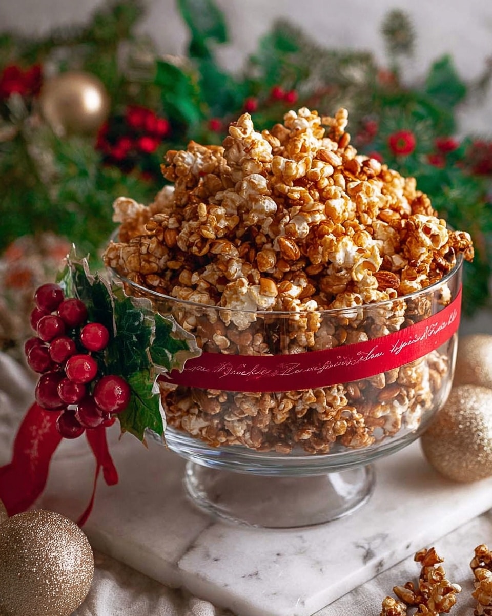 A clear glass bowl filled with caramel popcorn mixed with slivered almonds, piled high to form a rounded mound. A red ribbon with white text wraps around the middle of the bowl, decorated with shiny red berries and green leaves on one side. The bowl sits on a white marbled surface, surrounded by festive decorations including gold glittery ornaments and greenery with red berries in the background. Photo taken with an iphone --ar 4:5 --v 7