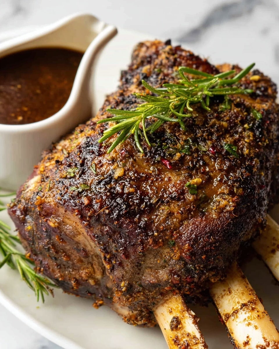 A close-up of a thick cut of roasted prime rib with a deep brown, crispy outer crust speckled with coarse herbs and spices. The inside shows a rich, juicy pink center with a tender texture. The rib bone is attached, with the meat layered around it, showing both the crust and the soft inside clearly. The roast is resting on a white plate with some meat juices pooling around it on a white marbled surface. photo taken with an iphone --ar 4:5 --v 7