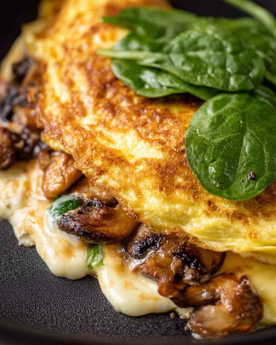 A close-up of a golden brown omelette folded over a creamy layer of melted cheese, resting on sautéed brown mushroom slices that have a slightly crispy edge, all placed on a dark pan surface. Fresh green spinach leaves with a smooth, glossy texture lie on top right of the omelette, adding a pop of color. The omelette surface is slightly bumpy with a cooked, soft texture. photo taken with an iphone --ar 4:5 --v 7