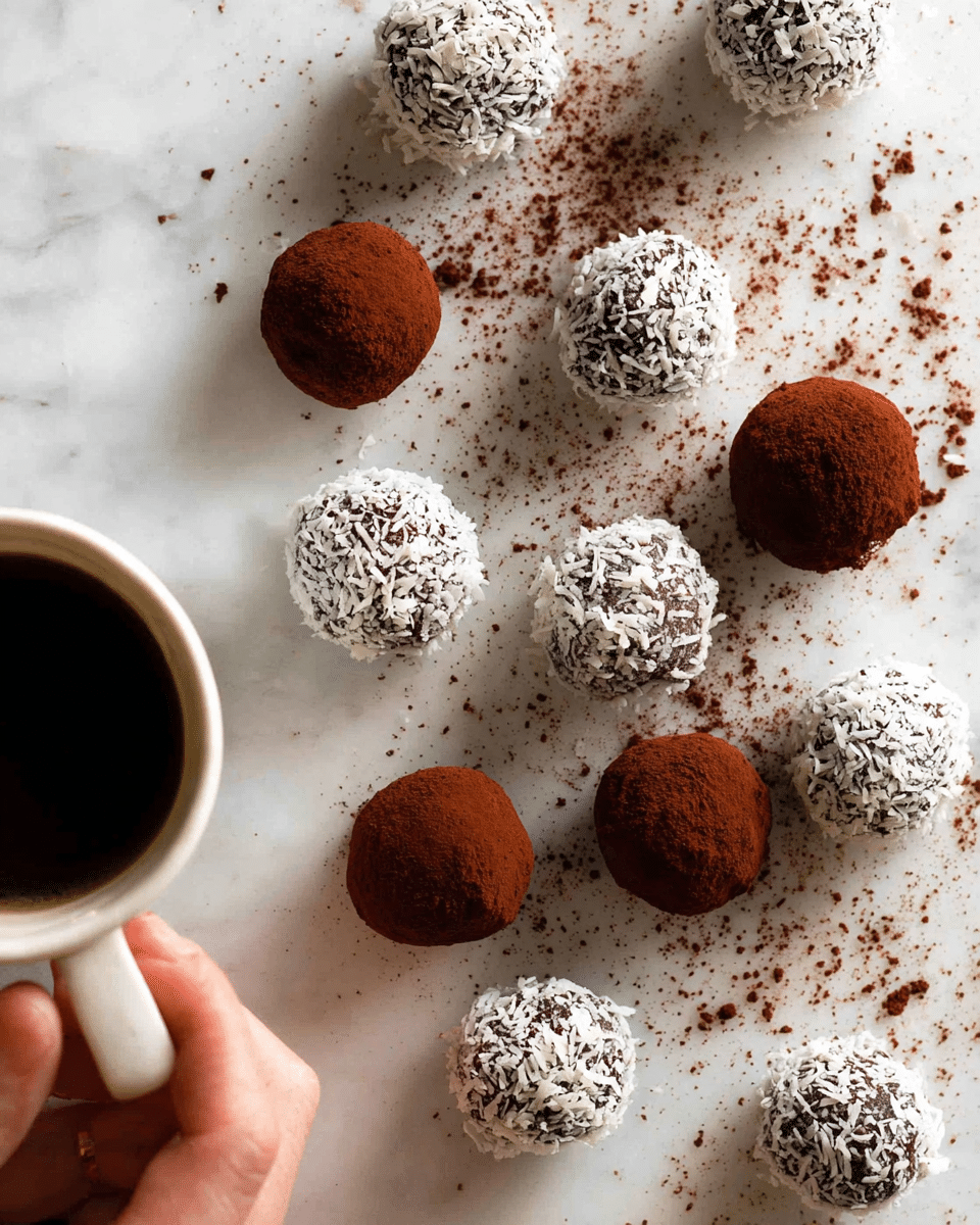 A group of small round truffles spread on a white marbled surface, half covered in dark brown cocoa powder and the other half coated with white shredded coconut, showing two distinct textures; some cocoa powder scattered around adds a rustic touch. A white cup with dark coffee is placed in the bottom left corner, with a woman's hand holding the cup's handle. The overall look is simple and inviting, highlighting the contrast between the smooth cocoa powder and the rough coconut flakes. photo taken with an iphone --ar 4:5 --v 7