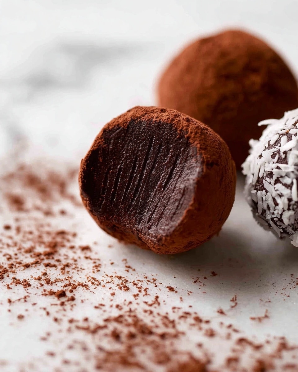 A close-up image of three chocolate truffles on a white marbled surface, the front truffle is bitten showing a smooth, dense dark chocolate inside with visible texture lines, its outer layer is a slightly dusty dark cocoa powder. Behind it, one truffle is fully covered in fine cocoa powder with a rough texture, and another truffle partially visible is coated with white coconut flakes. Light cocoa powder is scattered randomly on the white surface around the truffles, adding to the rustic look. photo taken with an iphone --ar 4:5 --v 7