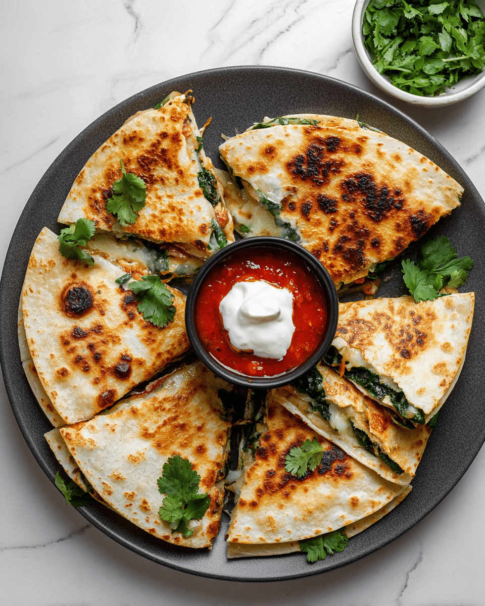 A dark gray plate holds eight folded quesadilla slices arranged in a full circle, each showing a crispy golden-brown toasted flatbread exterior with some charred spots, filled with visible layers of melted cheese, cooked spinach, and finely chopped vegetables. Fresh green cilantro leaves are placed between the slices and on top for garnish. In the center of the plate is a small black bowl filled with bright red sauce topped with a dollop of white cream. To the side, a small white bowl holds additional fresh cilantro. The scene is set on a white marbled surface. photo taken with an iphone --ar 4:5 --v 7