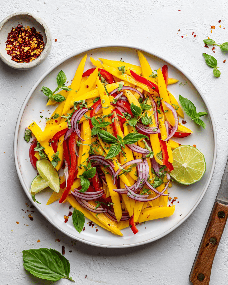 The image shows a fresh mango salad arranged on a white round plate on a white marbled textured surface. The salad has multiple layers: the bottom layer is made of bright yellow mango sticks, mixed with thin red bell pepper strips, and thin curved slices of purple-red onion laying scattered on top. The salad is decorated with fresh green basil and cilantro leaves spread across the top. Two small wedges of lime rest on the bottom right side of the plate. Around the plate, there is a small white bowl containing red chili flakes and a few loose basil leaves. A wooden-handled knife lies next to the plate on the right side. Photo taken with an iphone --ar 4:5 --v 7