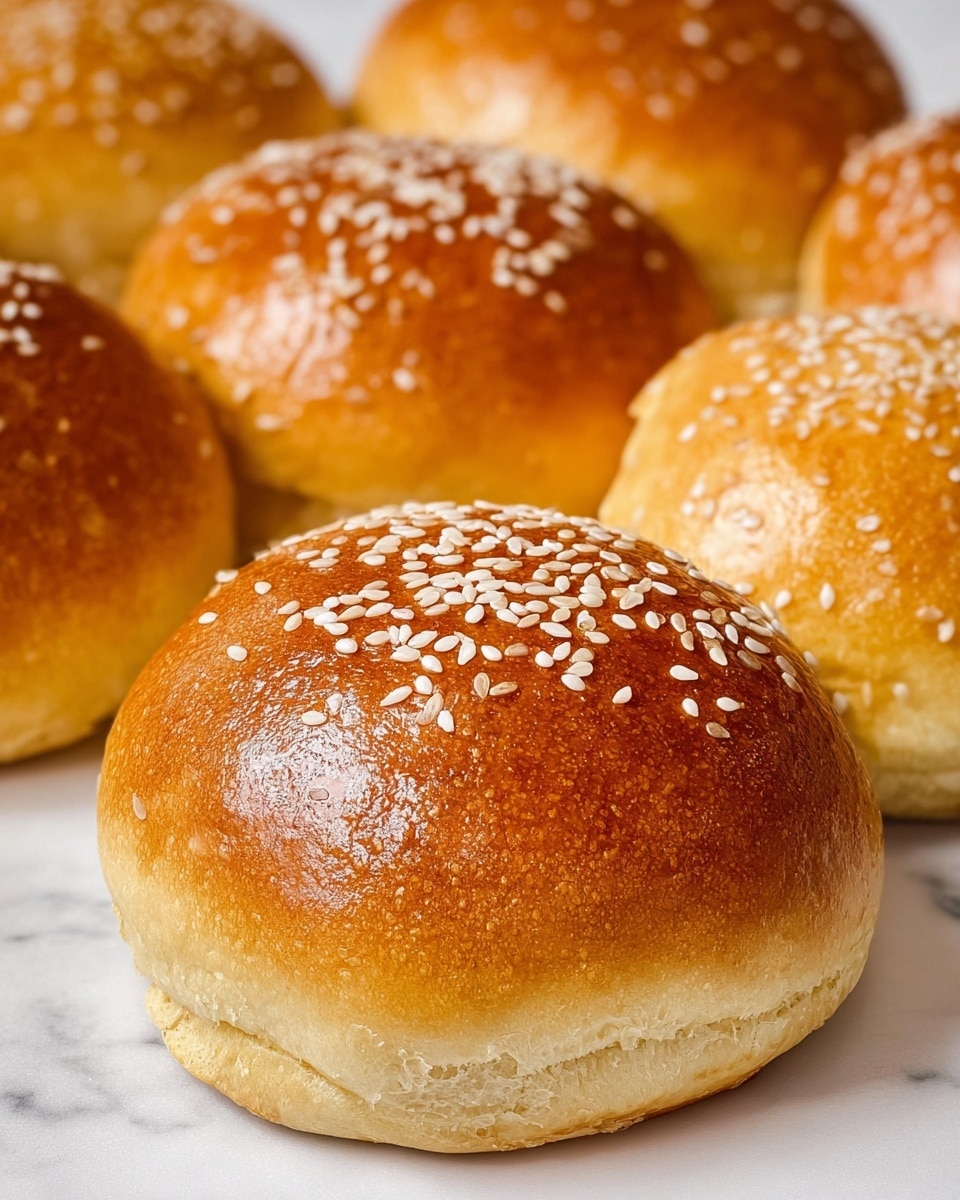 A close-up image of several golden brown burger buns with a shiny, smooth surface and soft texture. The buns are round and topped with white sesame seeds, mostly visible on the top bun in the center. The buns vary slightly in color, some with a deeper golden hue while others are lighter, but all have a smooth baked crust. The background is a white marbled texture that adds a clean and bright feel to the image. photo taken with an iphone --ar 4:5 --v 7