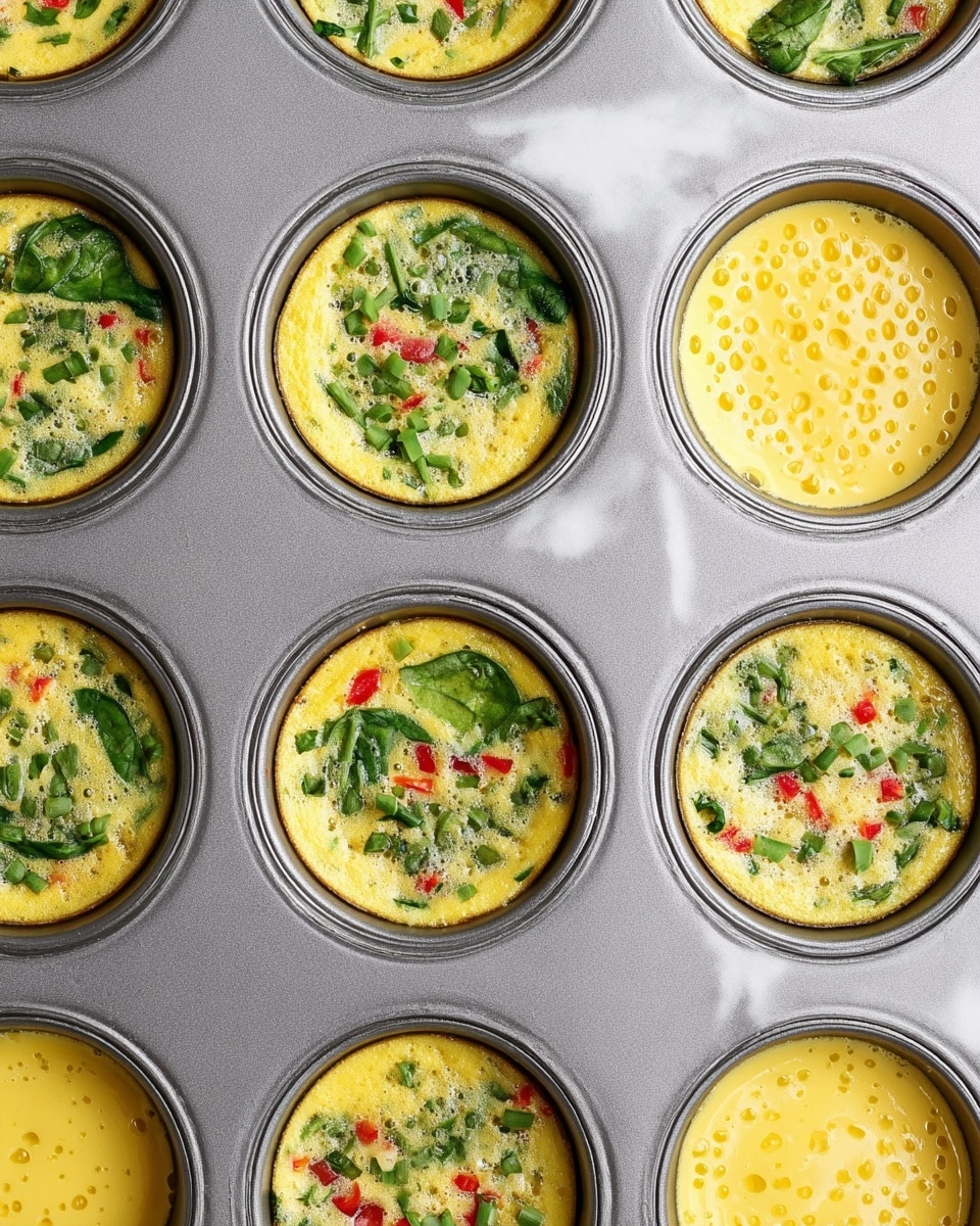 A close-up top view of a metal muffin tray with twelve round cups filled with a mix of beaten eggs and chopped vegetables. Six of the cups contain smooth yellow egg mixture with tiny holes and some browned spots, while the other six cups have visible layers of fresh green spinach leaves and small pieces of red pepper floating on the yellow egg base. The tray sits on a white marbled texture surface. photo taken with an iphone --ar 4:5 --v 7
