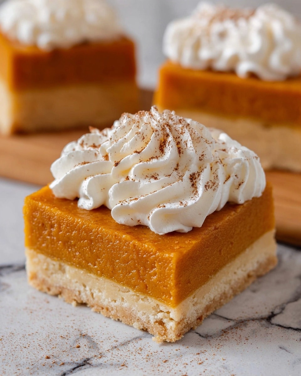 The image shows a close-up of a square dessert with two layers: a bottom layer of pale, crumbly crust and a thick top layer of smooth, bright orange pumpkin filling. On top of the pumpkin layer, there is a generous swirl of white whipped cream dusted lightly with cinnamon powder. In the background, there is another piece of the same dessert with a similar whipped cream topping, all placed on a white marbled textured surface. photo taken with an iphone --ar 4:5 --v 7