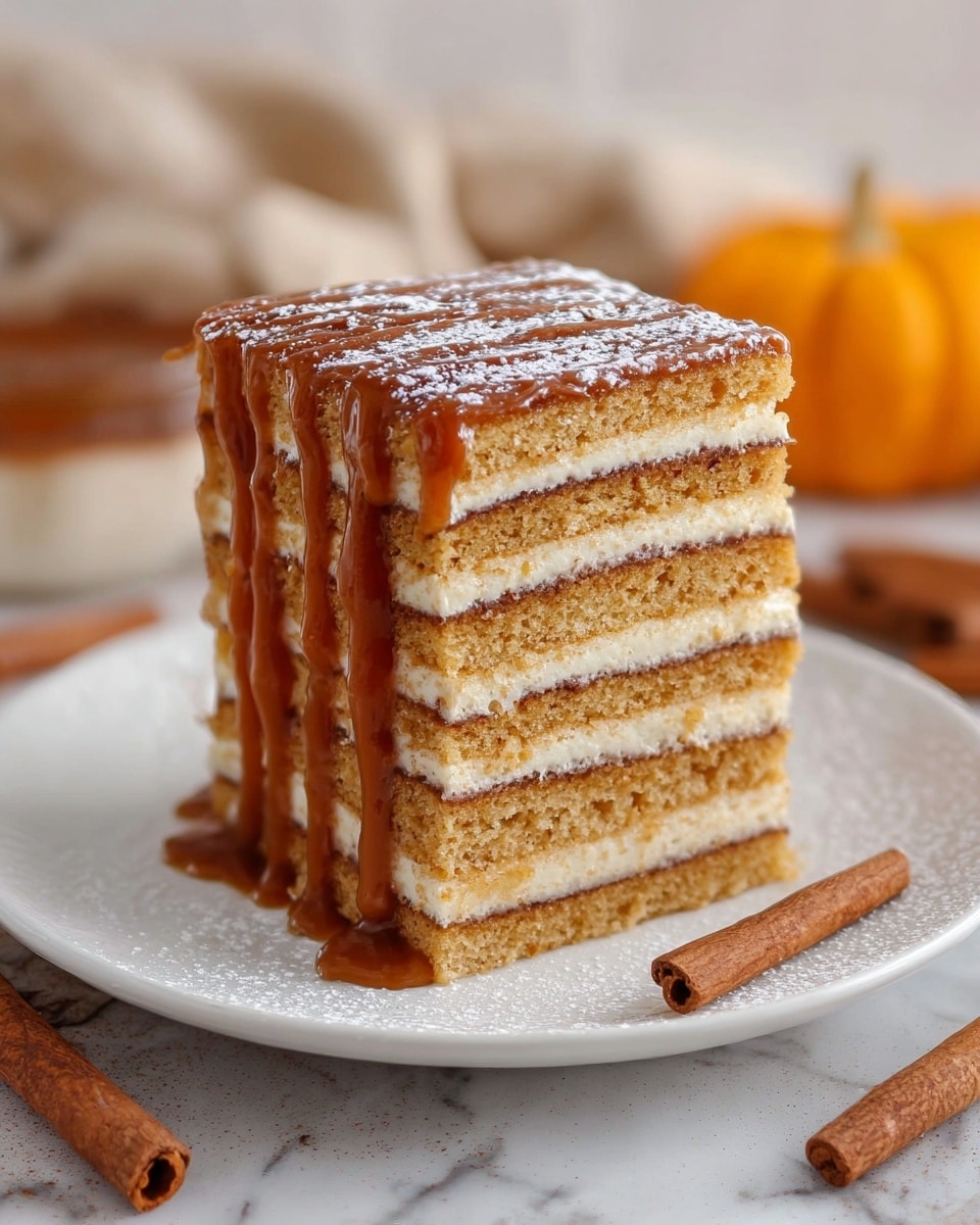 A tall slice of layered cake with four layers of light brown sponge separated by thin dark lines of filling, all stacked neatly on a round white plate. The top layer is covered with a thick drizzle of caramel sauce running down the sides, with a dusting of powdered sugar. The cake sits on a white marbled surface with cinnamon sticks scattered nearby and a small orange pumpkin blurred in the background, soft natural light highlighting the moist texture of the cake. photo taken with an iphone --ar 4:5 --v 7