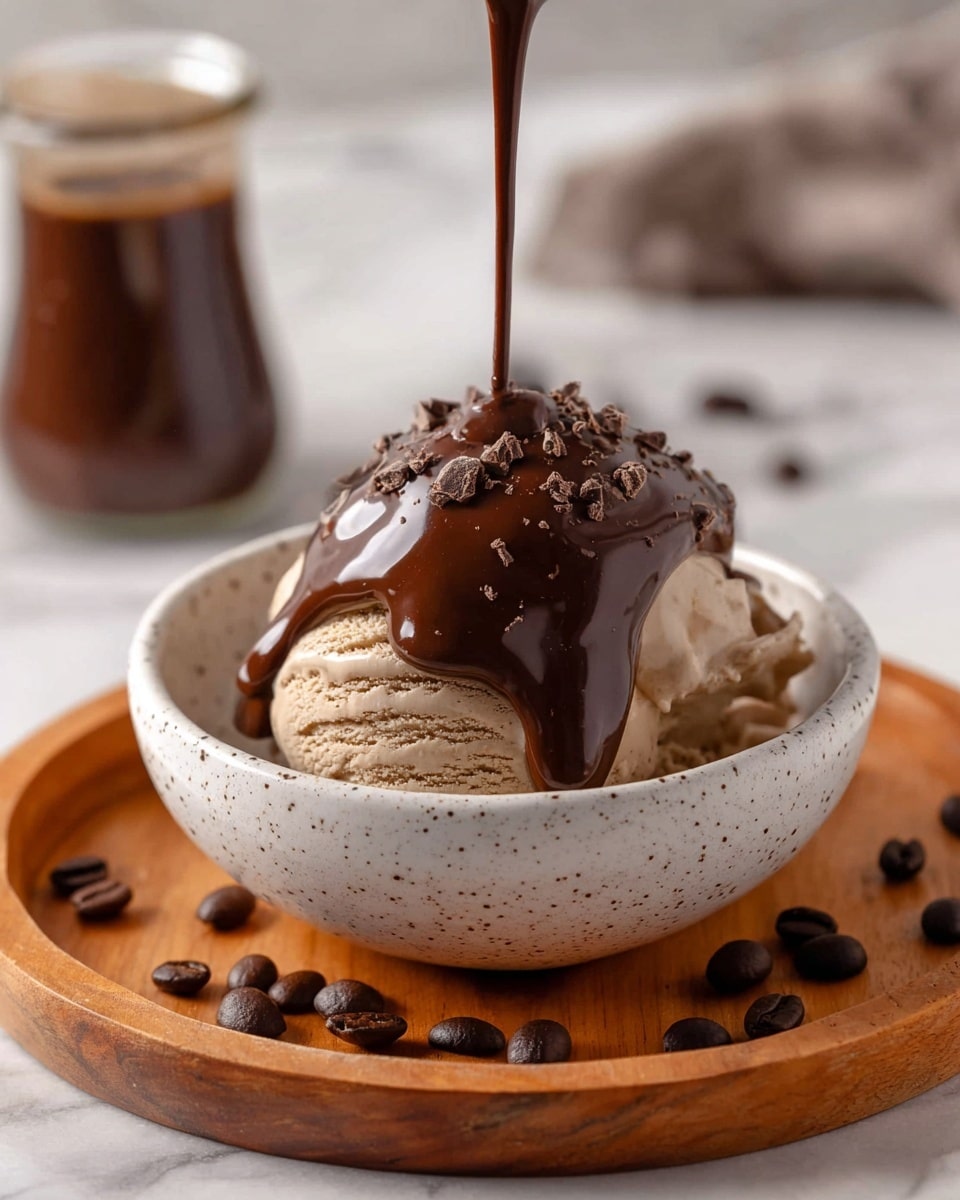 A scoop of light brown ice cream sits inside a white speckled bowl, placed on a round wooden tray. Thick, dark brown chocolate sauce is being poured over the top of the ice cream, covering most of it and dripping down the sides. Small dark chocolate flakes are sprinkled on the sauce, adding texture. Around the tray are scattered dark coffee beans. In the background, a small glass jar filled with more chocolate sauce is slightly blurred. The whole scene is on a white marbled surface. photo taken with an iphone --ar 4:5 --v 7