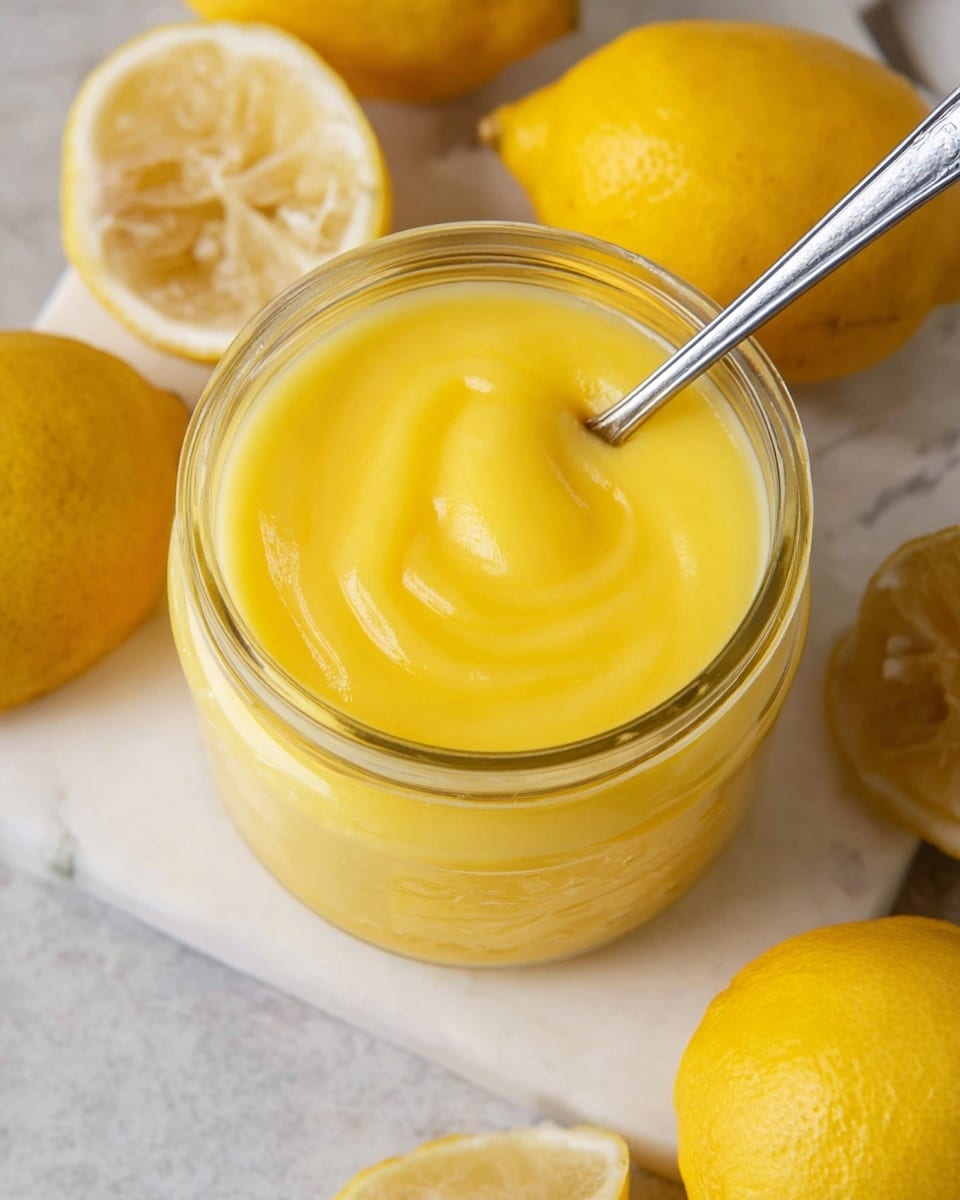 A clear glass jar filled with bright yellow creamy lemon curd is shown from above, with a smooth, slightly glossy texture on top and some swirled spoon marks visible. A thin silver spoon is partially dipped into the curd on the right side. Around the jar, there are whole and cut lemons with bright yellow color and textured skin placed on a white marbled surface. The image feels fresh and vibrant. photo taken with an iphone --ar 4:5 --v 7