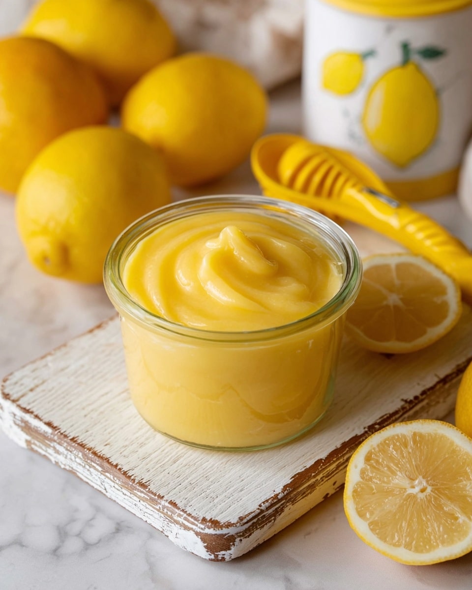 The image shows a clear glass jar filled with smooth, bright yellow lemon curd that has a creamy texture on top with soft swirls. The jar is placed on a white wooden board with a worn, rustic look. Around the jar, there are several fresh whole lemons with bright yellow skin and one lemon cut in half, showing the juicy, pale yellow inside. In the background, there is a yellow lemon juicer and part of a white container with a lemon illustration on it. The whole scene is set on a white marbled surface. photo taken with an iphone --ar 4:5 --v 7