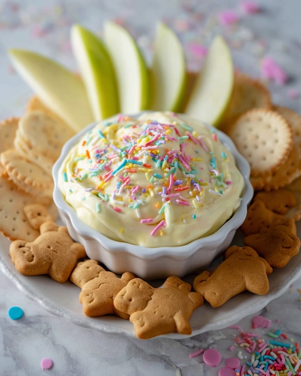 A white scalloped plate holds a white scalloped bowl filled with creamy, light yellow dip mixed with colorful pastel and bright rainbow sprinkles on top. Surrounding the bowl are slices of light green-yellow apple arranged upright and a small pile of golden brown teddy bear-shaped crackers. The surface beneath the plate has a white marbled texture, with a few scattered sprinkles nearby. photo taken with an iphone --ar 4:5 --v 7