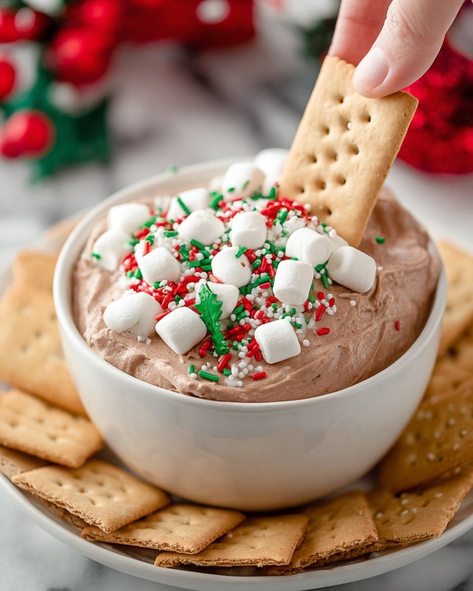 A white bowl filled with creamy light brown chocolate mousse, topped with small white mini marshmallows and red and green festive sprinkles shaped like Christmas trees and holly leaves. A woman's hand is dipping a light tan rectangular graham cracker with small holes into the mousse. The bowl sits on a white plate that holds several more graham crackers neatly arranged around it. The background features a white marbled surface with a blurred red and green festive decoration. photo taken with an iphone --ar 4:5 --v 7