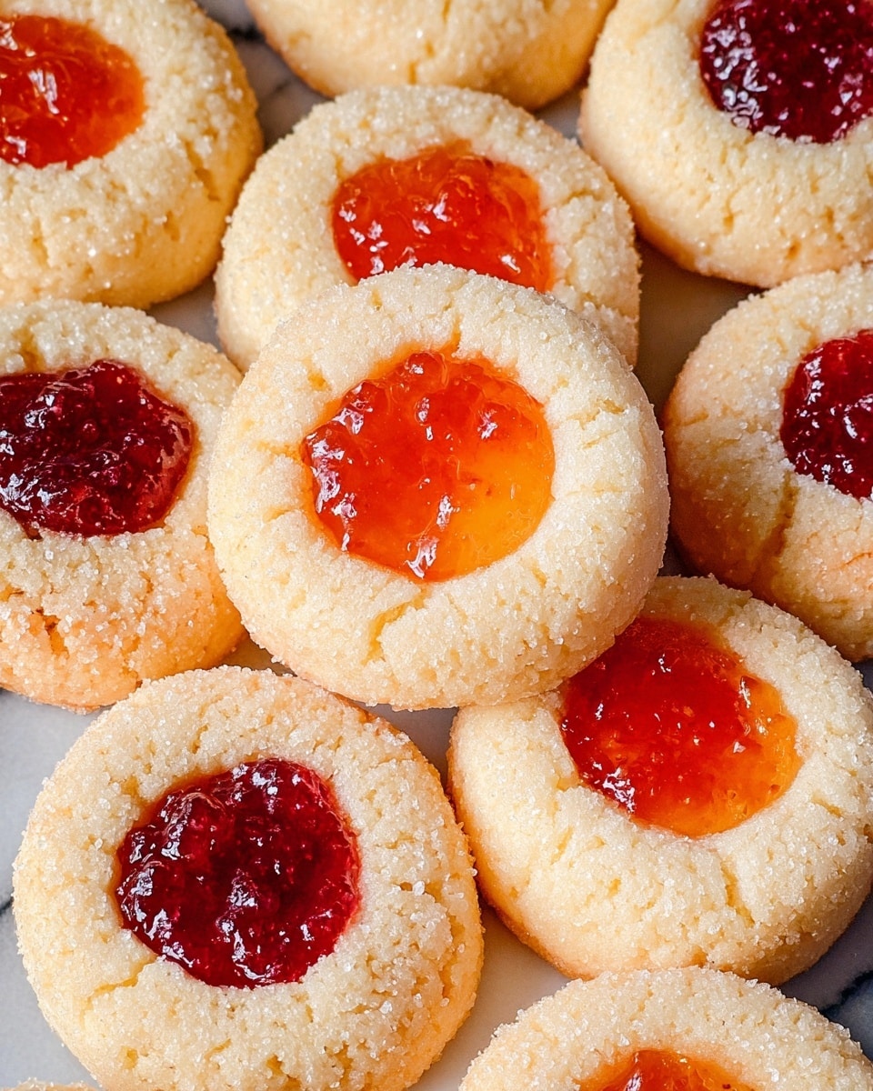 The image shows many round thumbprint cookies that each have one layer, a pale golden soft dough base with a slightly sugar-coated texture on top, and a smooth, glossy jam center that varies between bright orange and deep red colors. The cookies are close together, overlapping slightly on a surface with a white marbled texture. Photo taken with an iphone --ar 4:5 --v 7