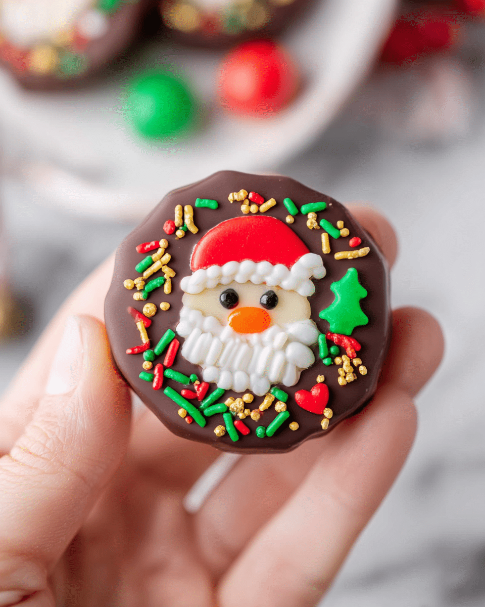 A white plate holds a pile of round chocolate and white candy treats, each topped with colorful Christmas sprinkles including small green Christmas trees, red Santa faces, and various red, green, yellow, and orange shapes like dots, hearts, and stars. The treats are smooth with some having a dark brown chocolate coating and others coated in white chocolate, all decorated with bright, festive sprinkles. To the upper left, there is a small white bowl filled with more sprinkles in red, green, and yellow. Behind the plate, a clear glass holds milk. Wooden spoons marked with measurements rest near the bottom right of the plate, all placed on a white marbled, lace-edged cloth. photo taken with an iphone --ar 4:5 --v 7