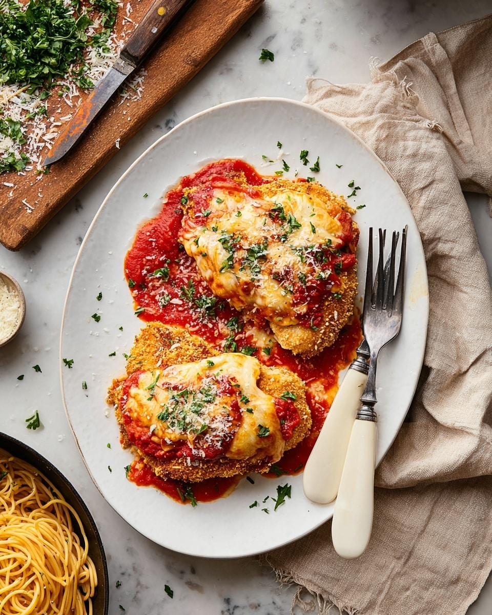 The image shows a white oval plate with two pieces of chicken parmesan. Each piece of chicken has three layers: the bottom layer is golden-brown, crispy fried chicken, topped with a bright red marinara sauce, and finished with a melted, golden, bubbly cheese layer on top. The chicken pieces are sprinkled with grated white cheese and chopped green parsley, adding texture and color contrast. On the right side of the plate, there is a fork and spoon with white handles resting on a light brown cloth. In the background, there is a wooden cutting board with scattered parsley and a knife with a wooden handle, all set on a white marbled surface. To the lower left, partially visible, is a white pan filled with plain spaghetti topped with herbs. Photo taken with an iphone --ar 4:5 --v 7