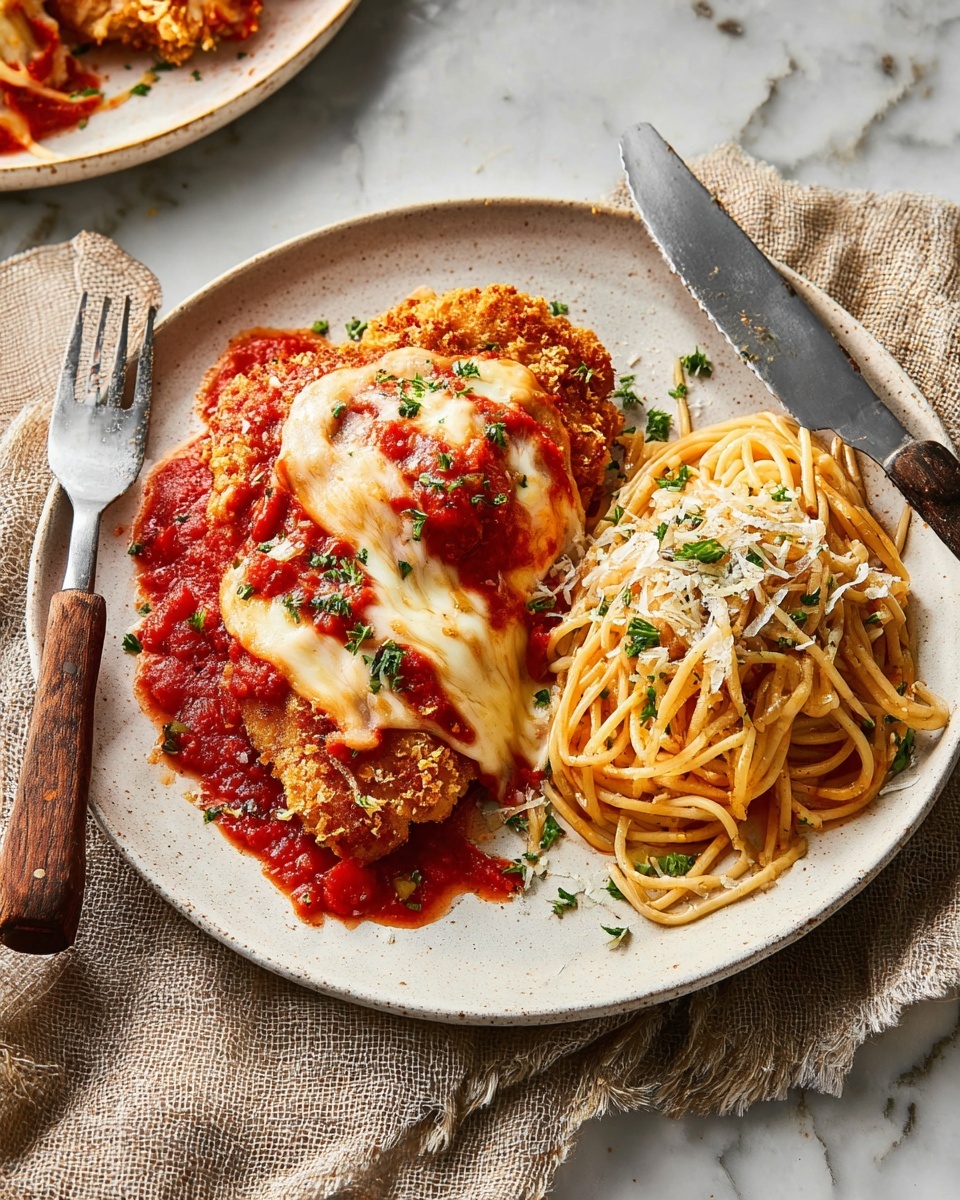 The dish features a white speckled plate with two main layers of food: on the left side, crispy, golden-brown breaded chicken cutlets topped with thick, melted mozzarella cheese that is stretchy and slightly browned, all covered with a bright red chunky tomato sauce sprinkled with small bits of chopped parsley and grated white cheese; on the right side, a twirl of light yellow spaghetti mixed with finely chopped onions and more parsley, lightly coated with oil or butter, contrasting with the saucy chicken. The plate is set on a textured beige cloth on top of a white marbled surface, with a fork and knife with wooden handles resting on the left side of the plate. Photo taken with an iphone --ar 4:5 --v 7