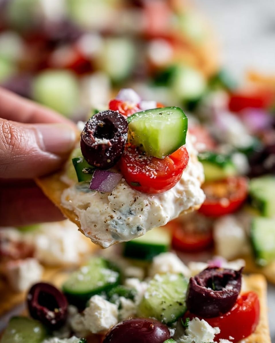 A close-up view of a single cracker topped with creamy white dip, bright green cucumber cubes, a small red tomato piece, white crumbled cheese, and a dark purple olive slice held by a woman's hand. The background shows many similar toppings of chopped cucumber, tomato, dark purple olive slices, and white crumbled cheese spread over a base, all on a white marbled surface. The colors are vibrant with the contrast of the light creamy dip against the fresh vegetables and olives. photo taken with an iphone --ar 4:5 --v 7