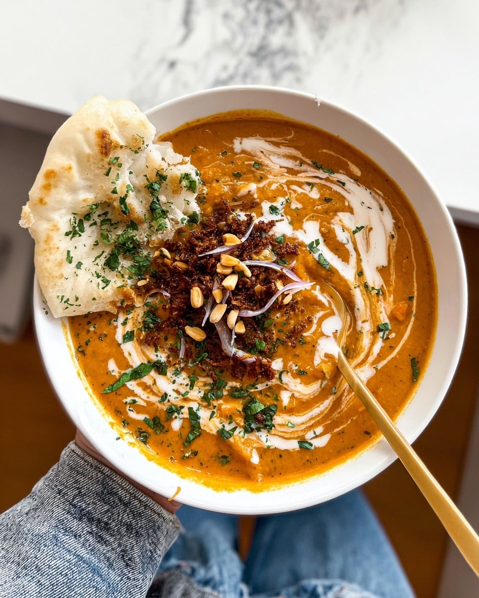 A white bowl filled with a thick orange curry soup that has a smooth, creamy texture and is swirled lightly with white cream. On the left side of the bowl, a piece of white naan bread with a soft, fluffy texture is partially dipped in the curry and sprinkled with chopped green herbs. In the center of the curry, there is a heap of dark brown crispy bits, likely fried lentils or spices, topped with small golden pine nuts and more green herbs. Thin, translucent rings of red onion are scattered lightly over the top. A gold spoon is placed inside the bowl on the right side, partially submerged in the curry. The woman's hand holding the bowl has a denim sleeve visible, and the background shows a white marbled texture surface. photo taken with an iphone --ar 4:5 --v 7
