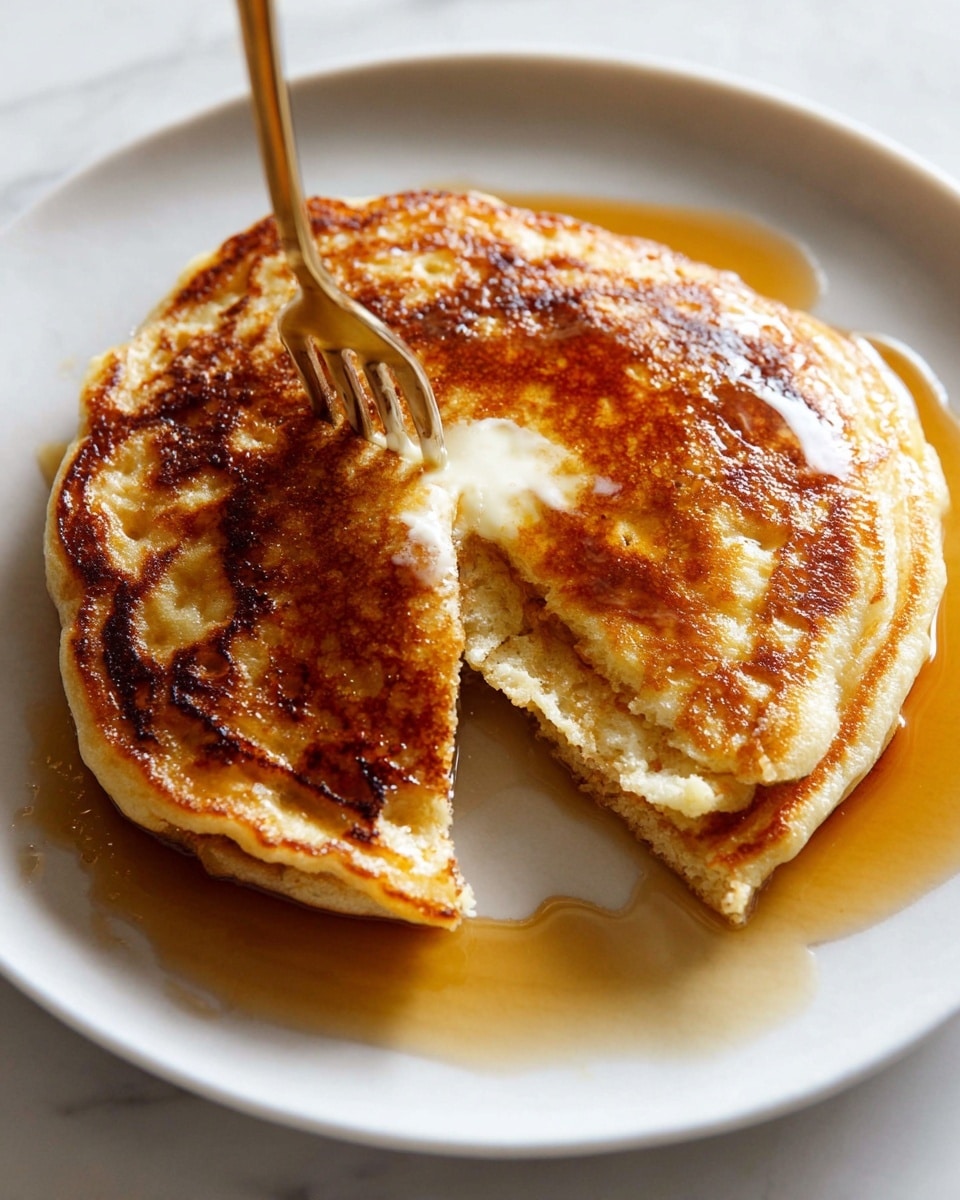 A stack of two golden-brown pancakes sits in the center of a white plate on a white marbled surface. The pancakes have a slightly uneven texture with light and dark spots from cooking and melted butter on top, creating a shiny, creamy patch at the center. A light amber syrup pools around the pancakes on the plate, adding a glossy contrast. A gold fork is cutting a triangle piece from the bottom pancake, lifting it slightly. The focus is close up, capturing the soft, fluffy inside of the pancake piece. photo taken with an iphone --ar 4:5 --v 7