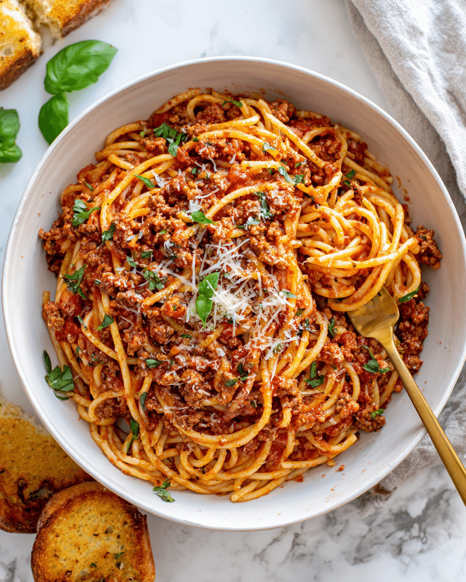 A white bowl filled with a single layer of thick spaghetti coated in red tomato sauce mixed with crumbled ground meat. The spaghetti strands are twisted with a golden fork on the right side, with some shredded cheese sprinkled across the top. There are fresh green basil leaves scattered around the dish, adding a touch of color. The bowl is set on a white marbled surface with pieces of toasted bread partially visible at the bottom left. photo taken with an iphone --ar 4:5 --v 7