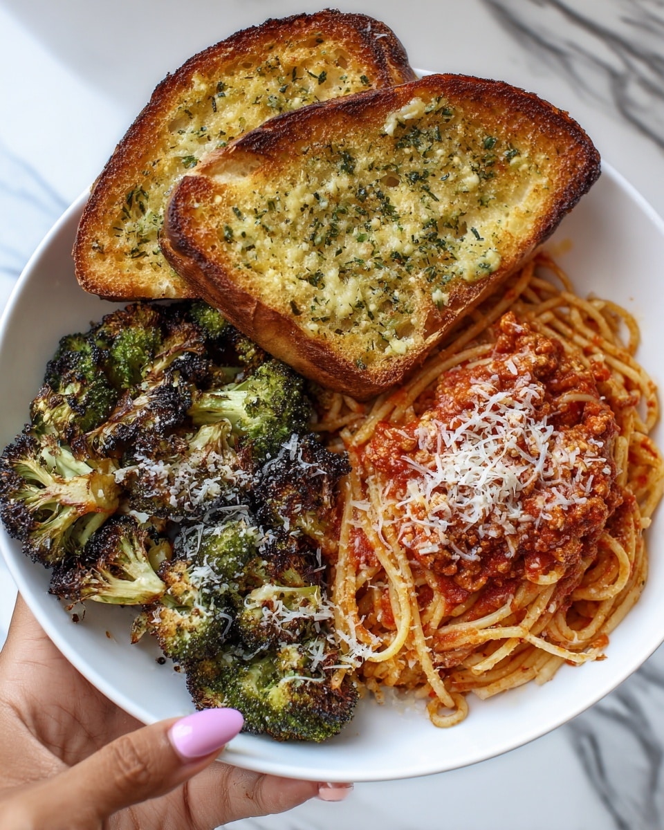 A white plate holds three main food sections, starting at the top with two pieces of golden brown garlic bread with green herb bits, showing a toasted, slightly crisp texture. On the left side, there is a pile of roasted broccoli with dark green crowns and some charred black areas, lightly sprinkled with white grated cheese. On the right side, there is a heap of spaghetti coated in a thick, bright red tomato sauce with visible bits of ground meat, topped with a light dusting of grated cheese. A woman's hand with pale pink painted nails is holding the plate, and the background has a white marbled texture. photo taken with an iphone --ar 4:5 --v 7