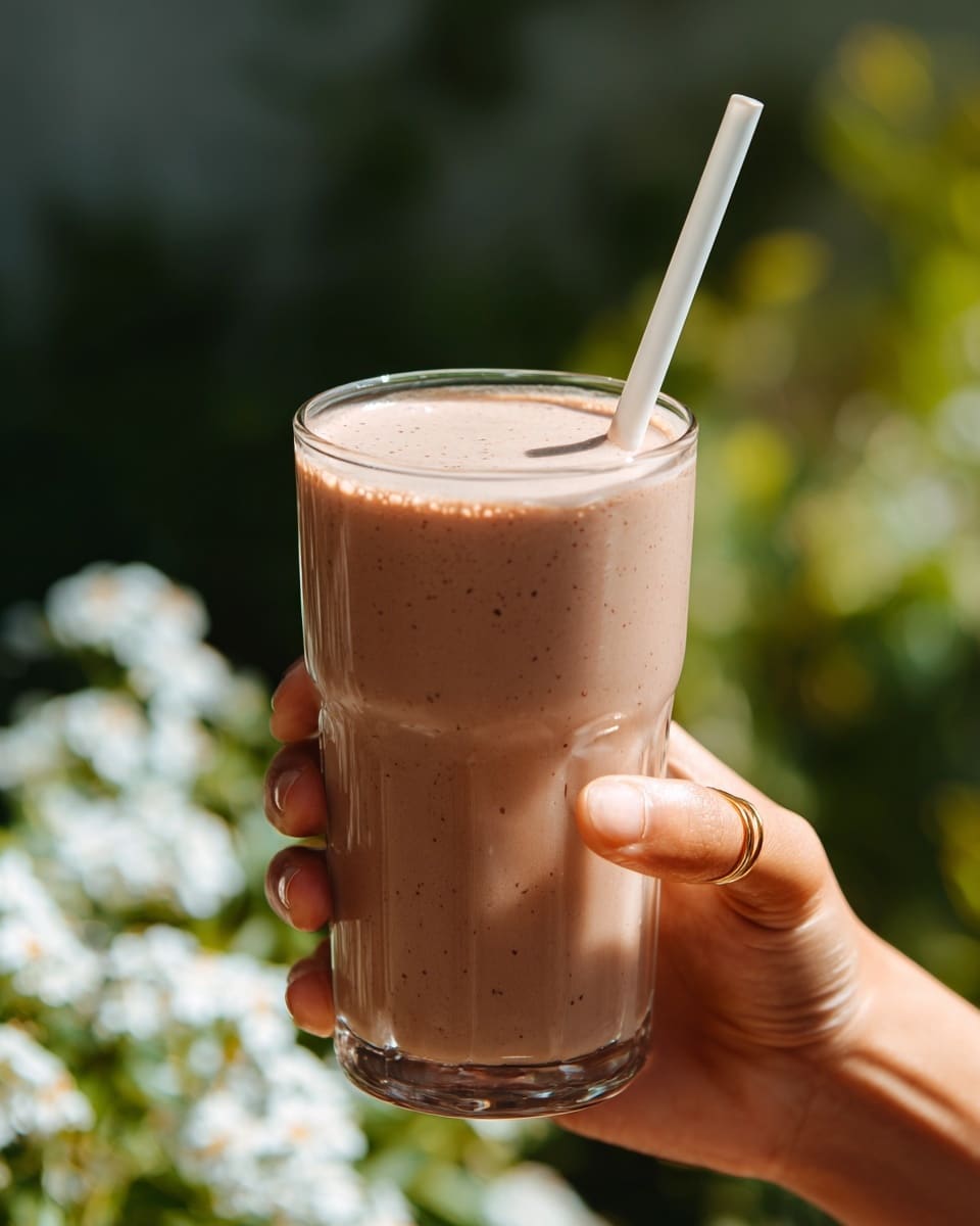 A clear glass filled to the top with a thick, creamy chocolate shake that has a smooth, frothy texture. The shake is light brown with tiny darker specks, giving it a rich, dense look. A white straw sticks out from the glass at an angle. The glass is held by a woman's hand with a gold ring on the finger, and the background shows soft-focus greenery and white flowers. The overall image has natural sunlight creating bright highlights on the glass. Photo taken with an iphone --ar 4:5 --v 7