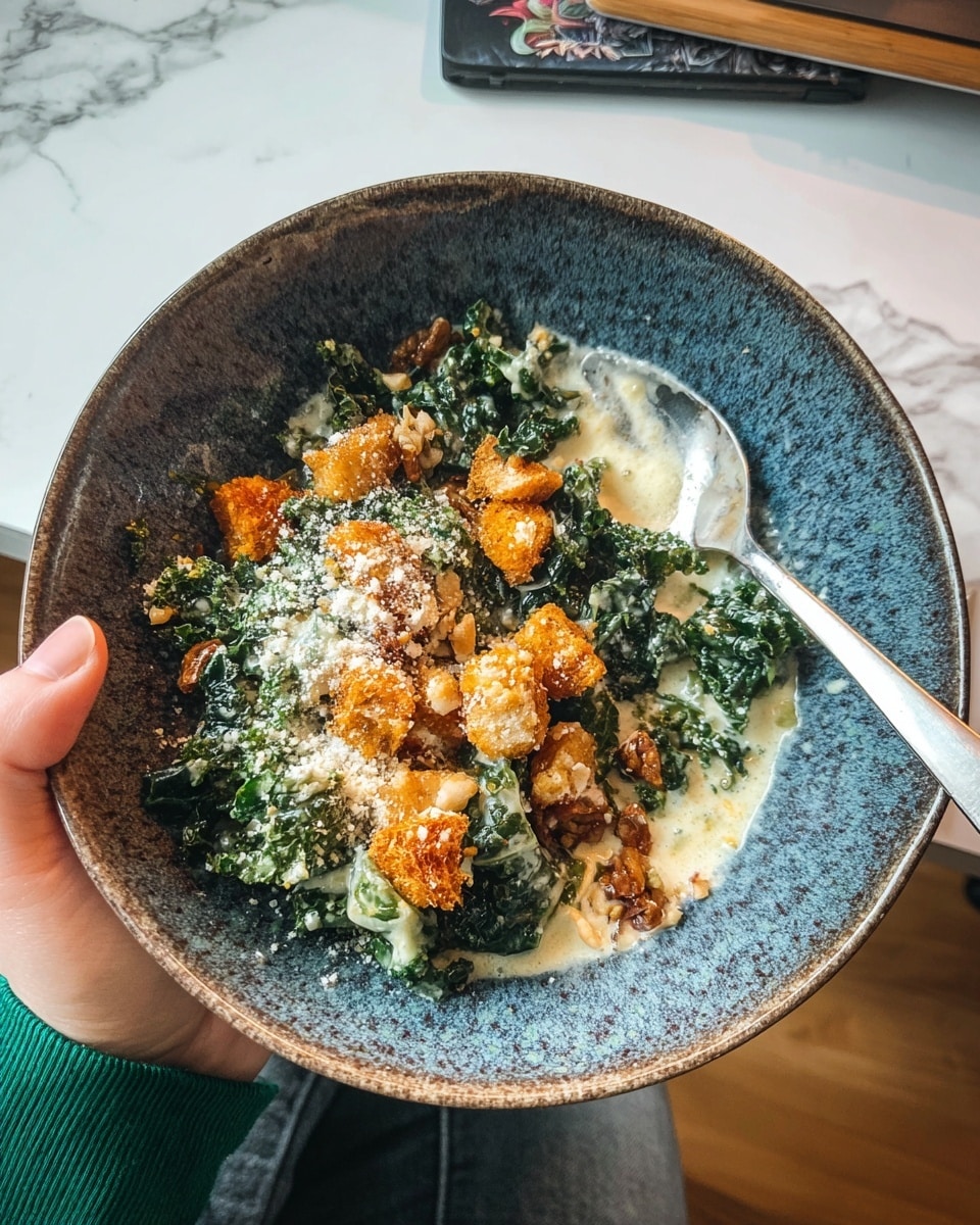 A close-up of a bowl with three main layers: the bottom layer has green leafy kale with a creamy white and slightly grainy sauce, the middle layer includes small golden-brown crispy fried pieces scattered on top, and the top shows a light dusting of white powder with a few crumbs. A silver spoon is inside the bowl on the right side. A woman's hand wearing a green sleeve holds the bowl at the bottom left. The bowl is rustic with a blue and brown speckled texture. The scene takes place on a white marbled surface with a wooden desk partly visible in the background. photo taken with an iphone --ar 4:5 --v 7