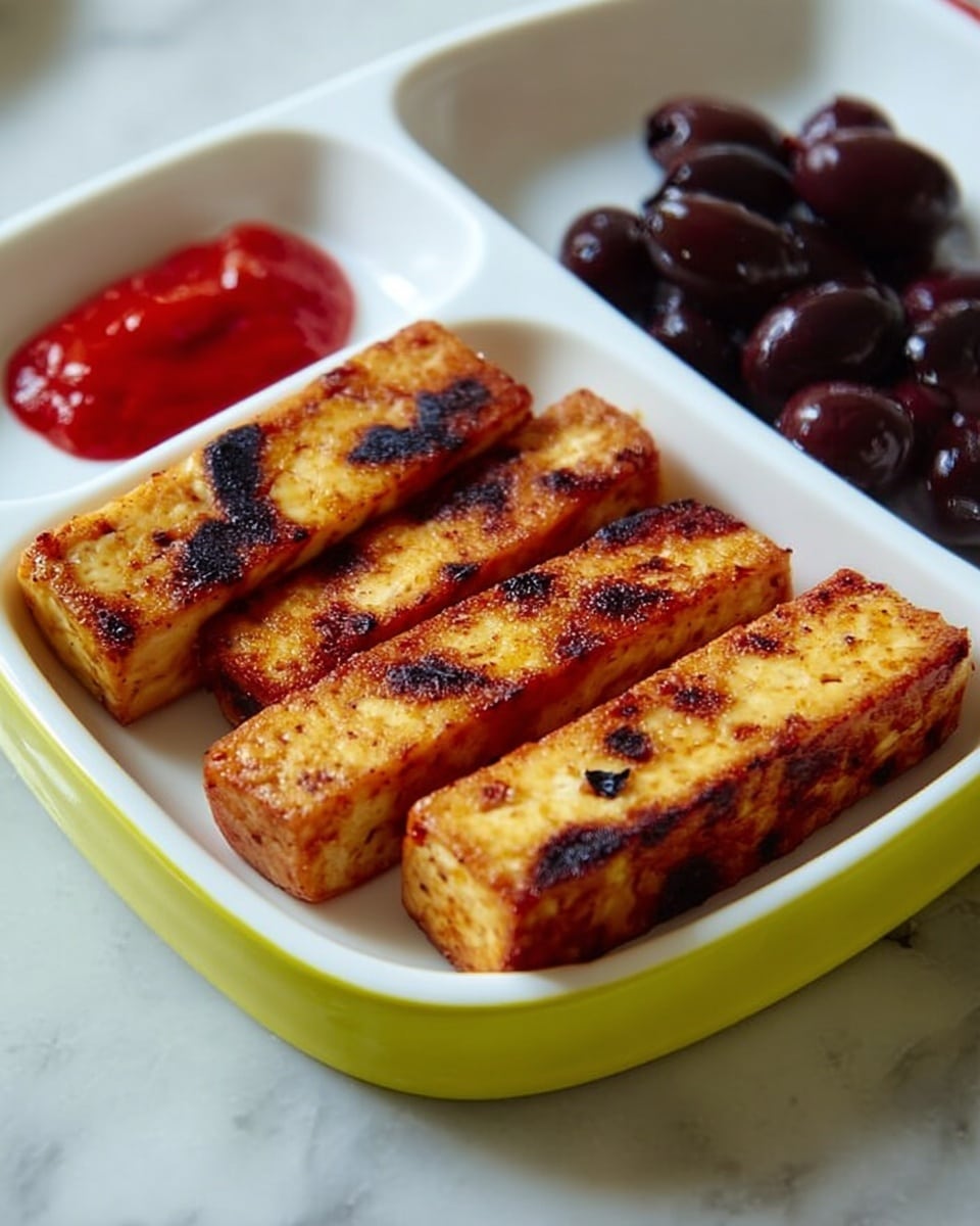 The image shows four rectangular pieces of grilled tofu with a golden-brown crust and some dark grill marks, placed in a white segmented tray. To the right section of the tray, there is a small pile of shiny black olives with a smooth texture. In the upper left section, a small dollop of bright red sauce is visible, smooth and glossy. The tray is set on a white marbled surface. photo taken with an iphone --ar 4:5 --v 7
