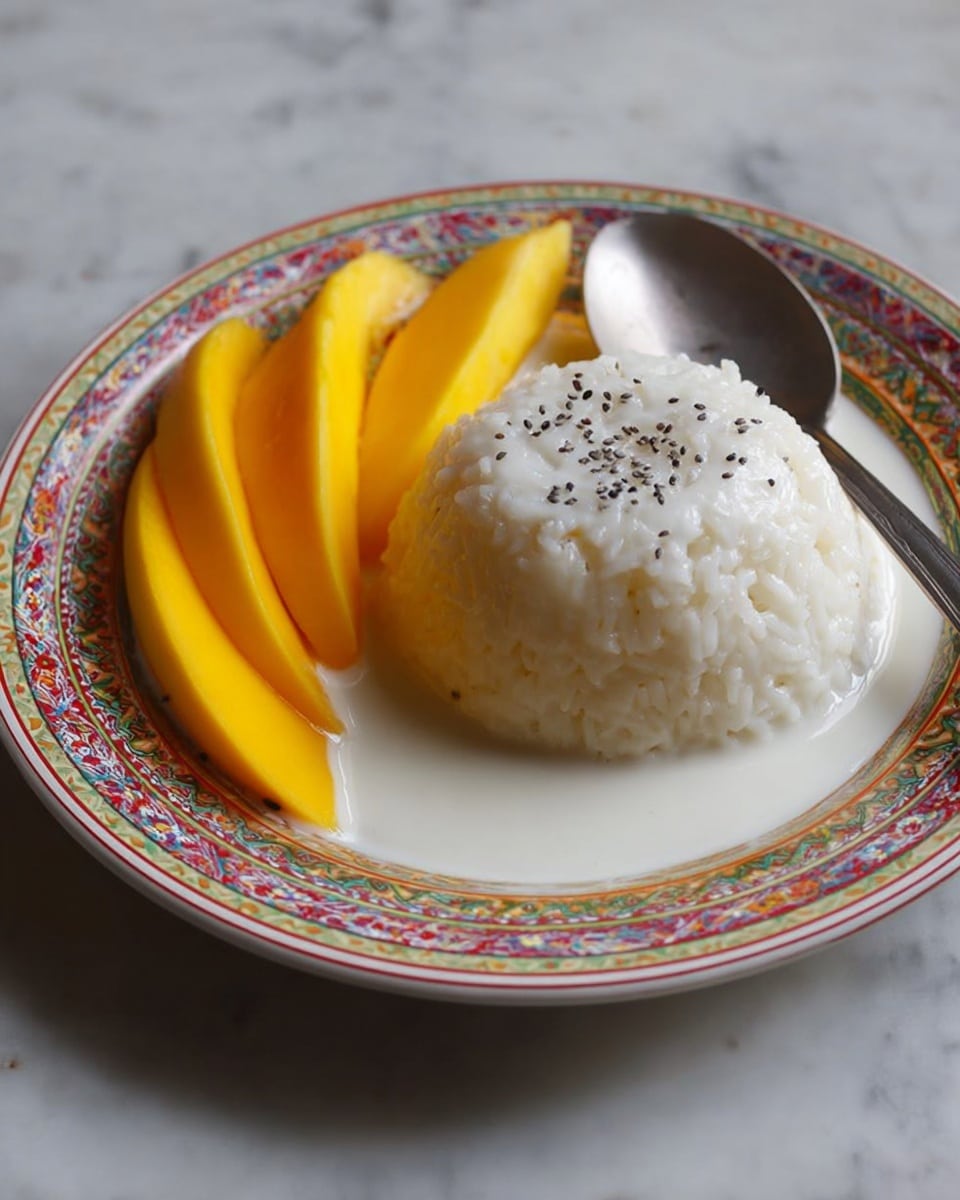 A white dome of sticky rice sits in the center of a white plate with a colorful patterned rim, topped with small black seeds. Next to the rice, there are several bright yellow mango slices arranged neatly on one side. A small pool of thick white coconut sauce surrounds the base of the rice. A silver spoon rests on the plate near the mango slices. The plate is set on a white marbled surface. photo taken with an iphone --ar 4:5 --v 7