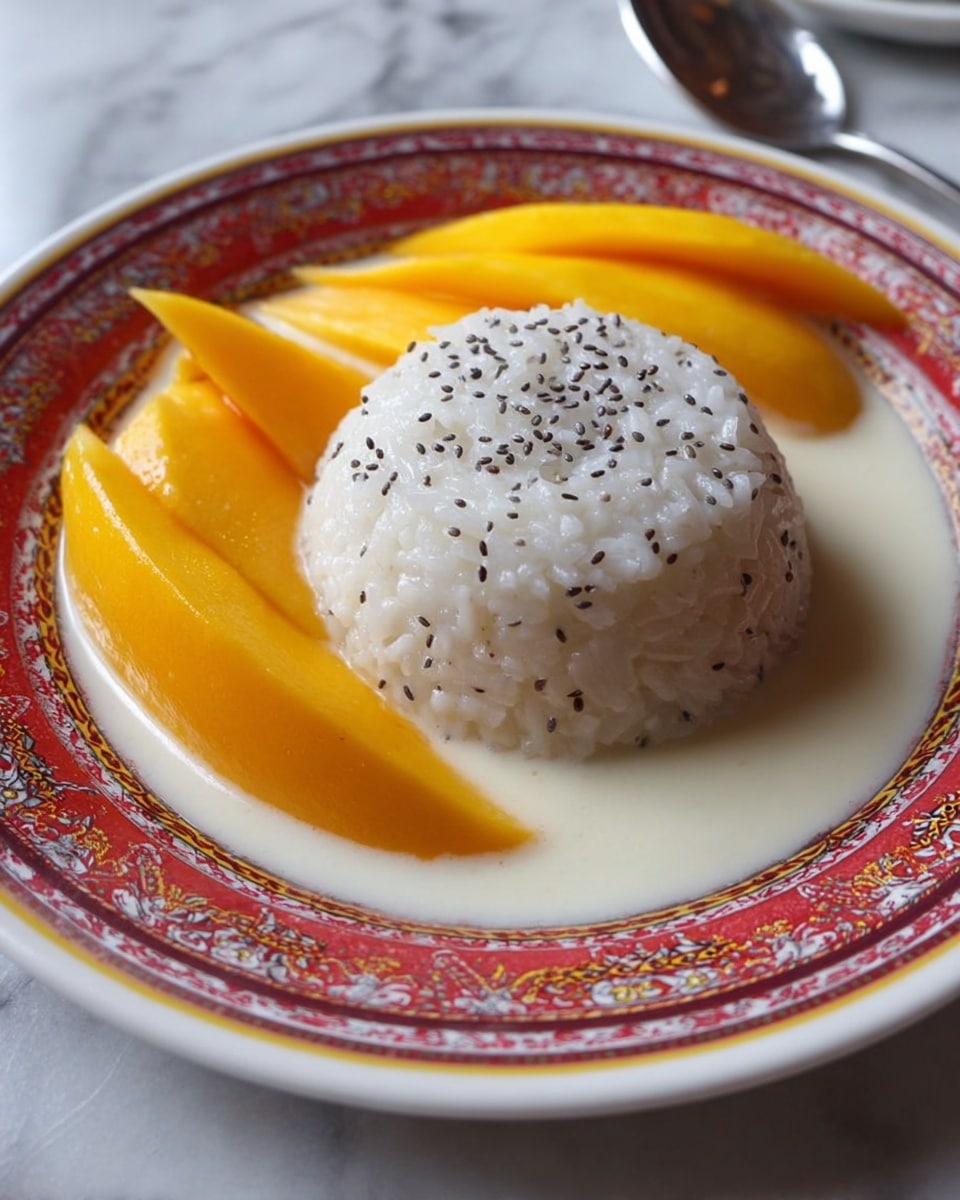 The image shows a white dome of sticky rice in the center of a white plate with a colorful red and gold patterned rim. The rice is topped with small black chia seeds sprinkled evenly over its smooth, shiny surface. Surrounding the rice are bright orange mango slices, arranged in a fan-like shape, resting in a pool of creamy white sauce that spreads gently across the plate. The plate sits on a white marbled surface, and a spoon is partially visible in the background near the top edge of the plate. Photo taken with an iphone --ar 4:5 --v 7