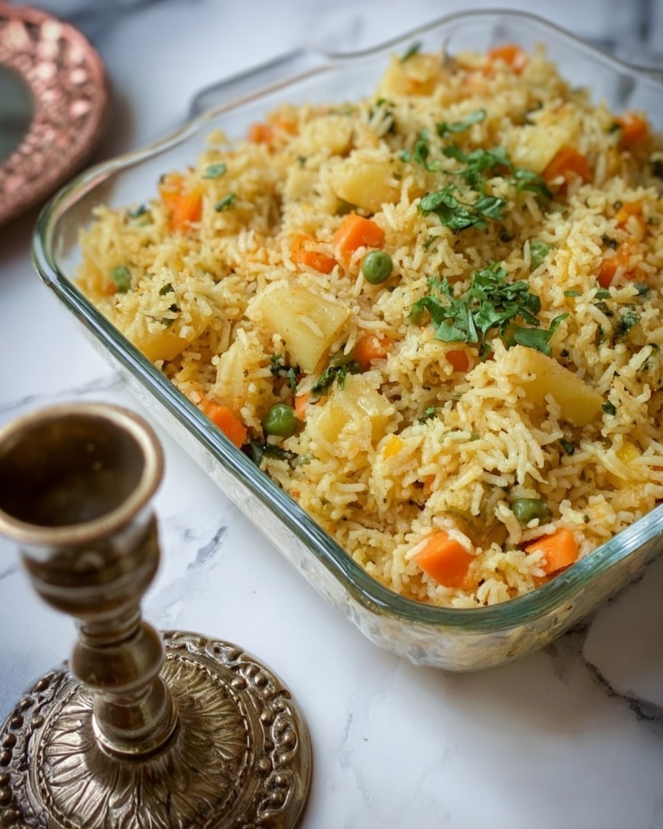 The image shows a clear glass square dish filled with a mixed rice dish that has a yellow tint, scattered with small pieces of orange carrots, pale potatoes, and green peas. The rice is textured with visible grains and some chopped green herbs placed on top for garnish. The dish sits on a white marbled surface, and next to it there is an old bronze candle holder with a decorative base. photo taken with an iphone --ar 4:5 --v 7