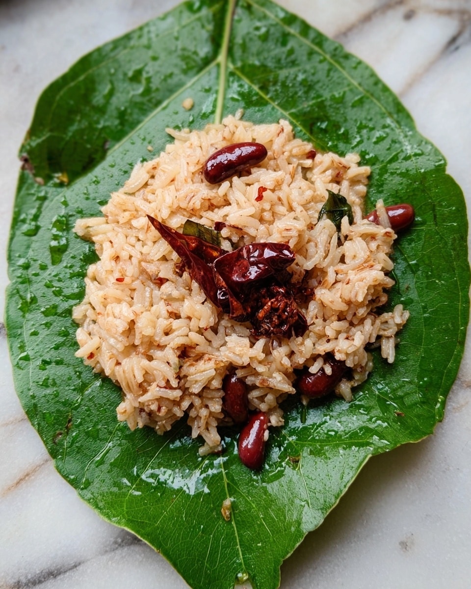 A close-up image of a single large vibrant green leaf placed on a white marbled surface. On top of the leaf, there is one layer of cooked brownish rice mixed with small brown beans and a few whole dried red chilies scattered throughout. The rice grains and beans are lightly glistening, showing a soft texture, and the chilies add dark red pops of color against the brown rice. The green leaf underneath has visible veins and water droplets, giving a fresh feel to the presentation. photo taken with an iphone --ar 4:5 --v 7