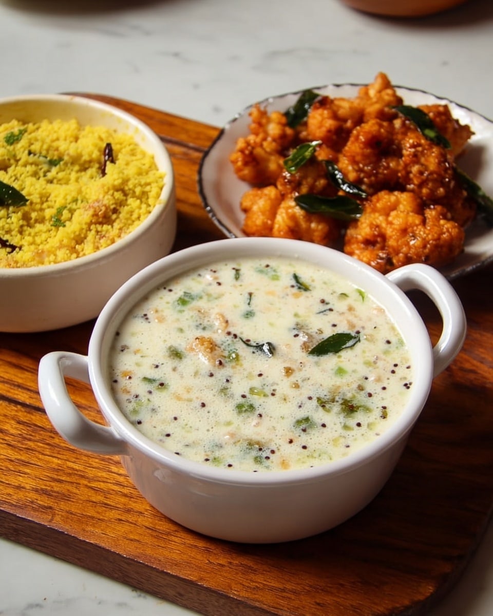 A white bowl with two side handles is filled with a creamy, light greenish-white dish that shows tiny mustard seeds and small green leaves floating on the surface. Behind it, a smaller white bowl holds a yellow dish made of grain pieces, with a sprinkle of green leaves and mustard seeds. Next to them, a white plate contains an orange, crumbly fried food with some parts darker orange, likely due to spices, and small green leaves scattered throughout. All dishes sit on a wooden chopping board, and the background is a white marbled surface. photo taken with an iphone --ar 4:5 --v 7