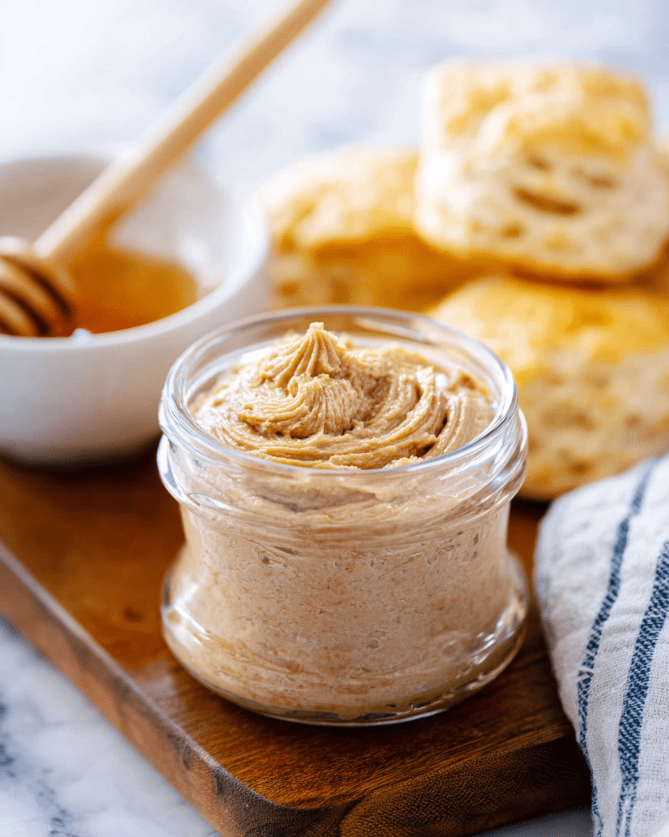 A clear glass jar filled with a swirled light brown creamy spread that has a slightly grainy texture, placed on a wooden board. Behind the jar, there are golden, fluffy biscuits with a soft, crumbly texture. To the left, a white bowl filled with golden honey and a wooden honey dipper resting inside is partially visible. The background features a soft white marbled texture with a white and blue striped cloth beside the jar. Photo taken with an iphone --ar 4:5 --v 7