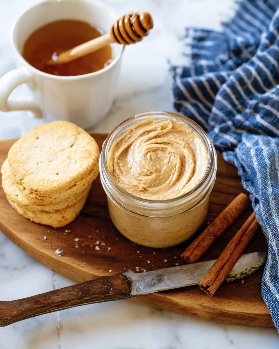 A clear glass jar filled with a creamy, light brown spread swirled smoothly on top, sitting on a wooden board that also holds three golden brown biscuits stacked partially on each other, three cinnamon sticks, and a vintage knife with a slightly worn handle. To the left, a white cup containing honey is partially visible with a wooden honey dipper resting inside, all placed on a white marbled surface with a blue and white striped cloth nearby. The overall feel is warm and inviting. photo taken with an iphone --ar 4:5 --v 7