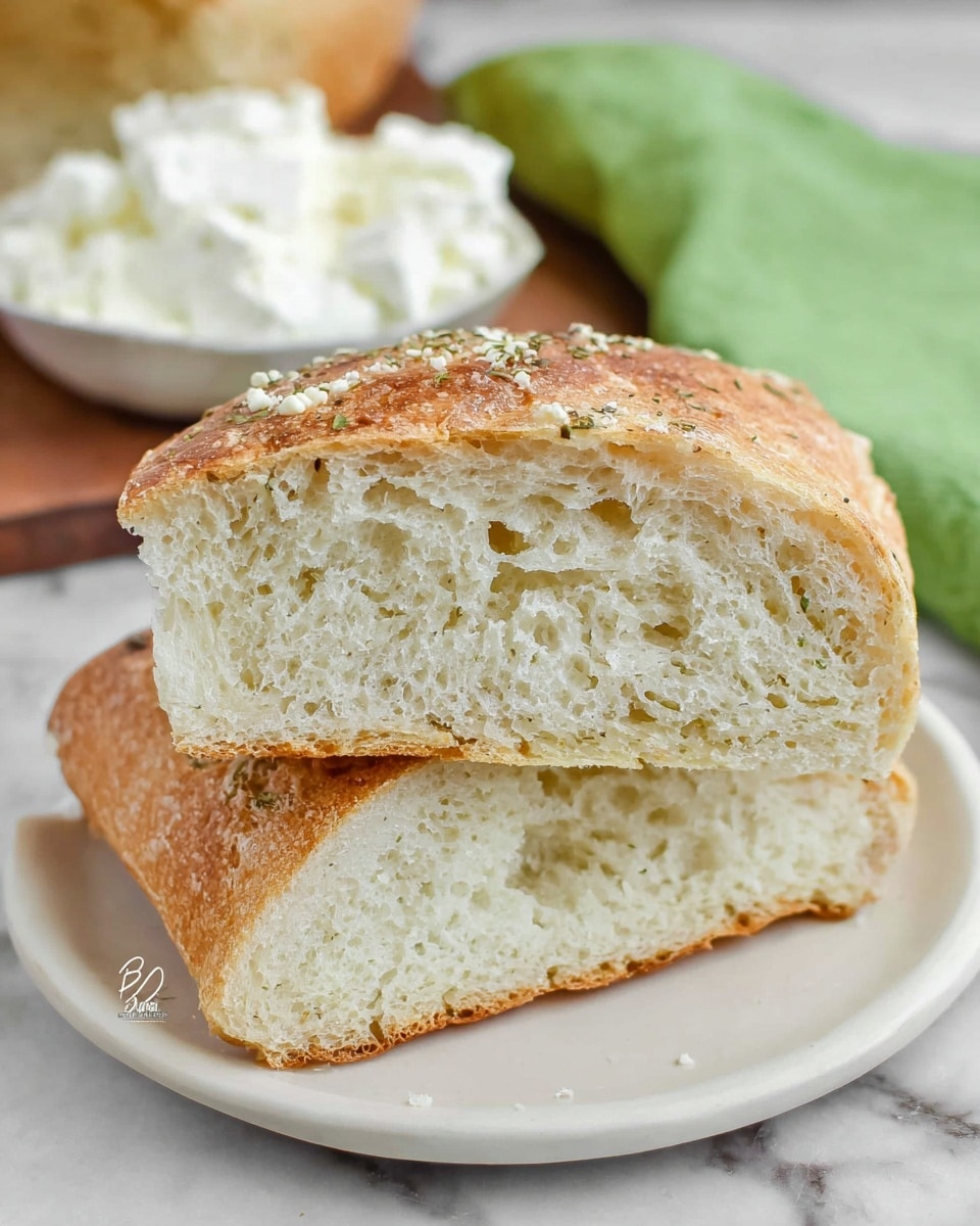 Two thick slices of rustic bread with a light golden-brown crust and a soft, airy white inside are stacked on a white plate. The top slice has a sprinkling of coarse salt and herbs on its crust, adding a textured detail. In the background, there is a small white bowl filled with white cheese, sitting slightly out of focus. The setting is on a white marbled surface with a folded green cloth partially visible behind the plate. photo taken with an iphone --ar 4:5 --v 7