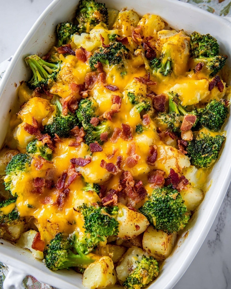 The image shows a white casserole dish filled with a layered baked casserole. The bottom layer looks like roasted potato chunks with slightly browned edges. Mixed with this are bright green broccoli florets that appear tender but still firm. On top of the vegetables, there is melted yellow cheddar cheese spreading evenly, creating a smooth and gooey texture. Scattered across the surface are small pieces of crispy brown bacon bits, adding a crunchy contrast. The dish has a warm and hearty look, with a slight golden browning on the cheese at the edges. The casserole dish sits on a white marbled textured surface. Photo taken with an iphone --ar 4:5 --v 7