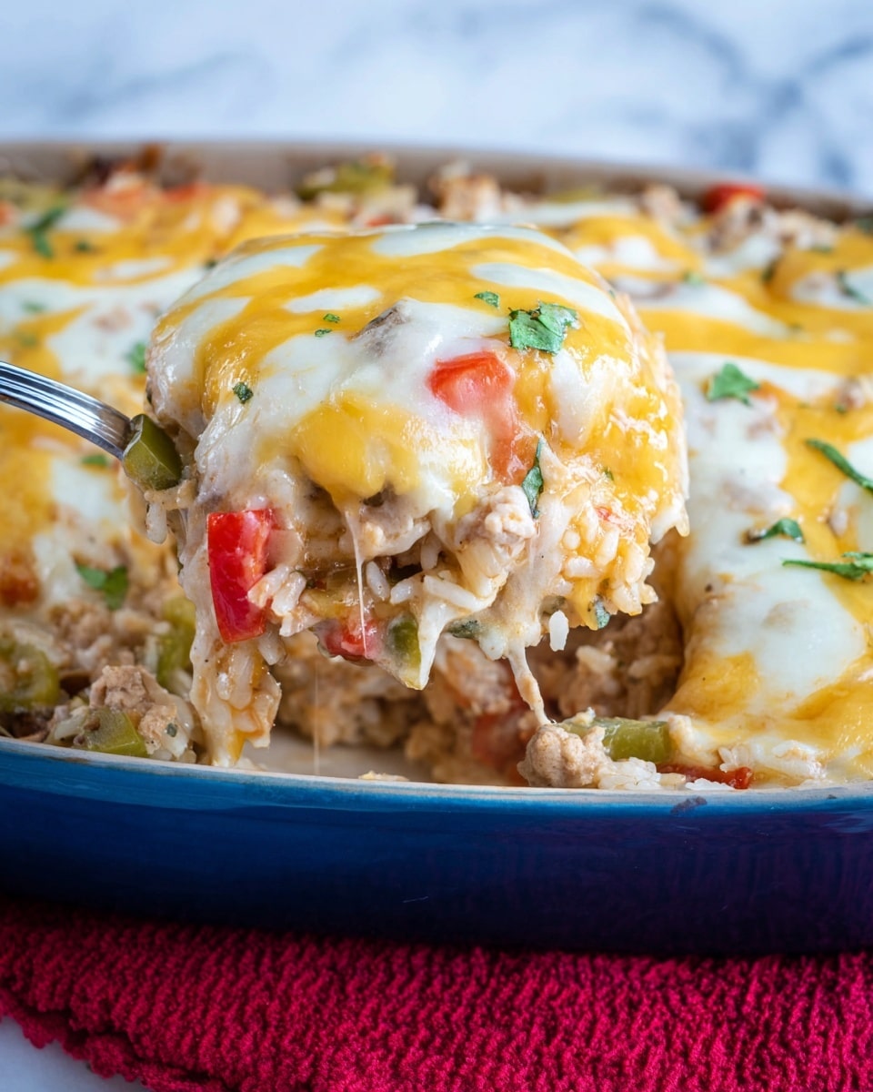 A close-up view of a creamy casserole being scooped with a utensil from a blue baking dish. The casserole has multiple layers, starting with a base of rice mixed with small pieces of light-colored meat and diced red and green peppers. Melted cheese with a yellow and white swirl covers the top, stretching slightly as the scoop lifts. Small bits of green herbs are sprinkled across the cheese, adding a touch of freshness. The dish sits on a red textured cloth against a white marbled surface. photo taken with an iphone --ar 4:5 --v 7
