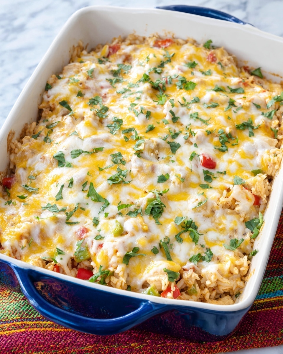 The image shows a baked casserole in a white baking dish with blue handles, filled with layers that include rice mixed with bits of red and green bell peppers and chicken pieces, topped with a glossy layer of melted yellow and white cheese. Scattered chopped green herbs are sprinkled across the top, adding a fresh touch. The melted cheese layer is creamy and slightly browned around the edges, with some rice and chicken pieces visible beneath the surface. The dish rests on a colorful woven cloth, all set against a white marbled texture background. photo taken with an iphone --ar 4:5 --v 7