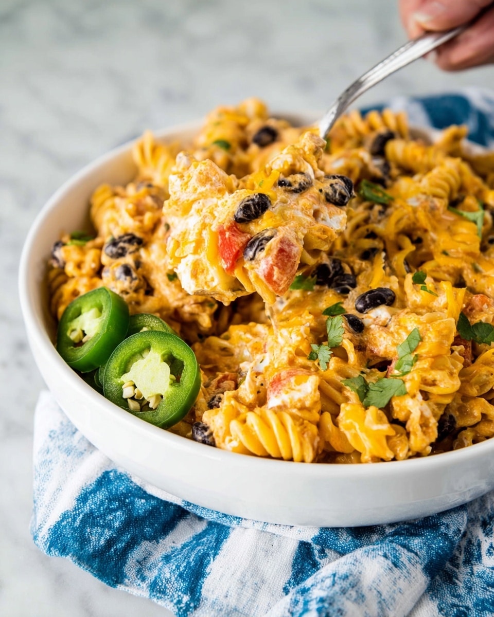 The image shows a close-up of a white bowl filled with a layered pasta dish using spiral pasta featuring a bright yellow color. The pasta is covered with a creamy orange sauce mixed with black beans and bits of white cheese, giving a melted texture on top. There are small chunks of red tomatoes and green herbs scattered across the dish, adding pops of color. On the side inside the bowl, slices of fresh green jalapeño peppers are visible. The bowl is sitting on a white marbled texture with a blue and white cloth beneath it. A woman's hand is holding a silver spoon scooping a portion of the dish showing the creamy, cheesy texture mixed with pasta and beans. photo taken with an iphone --ar 4:5 --v 7