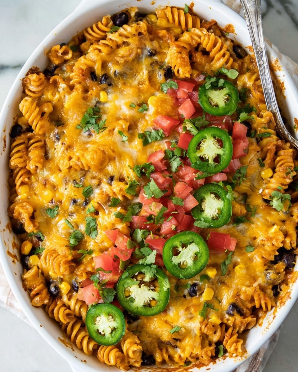 A white dish filled with a layered pasta bake where the bottom layer is golden rotini pasta mixed with black beans and yellow corn, covered by melted cheddar and mozzarella cheese creating a gooey orange and white top layer. Scattered bright red diced tomatoes and chopped green cilantro leaves sit evenly on top, along with five green jalapeño slices arranged on one side near the edge. The pasta edges are slightly browned and crispy. The dish sits on a white marbled surface with part of a silver serving spoon visible. photo taken with an iphone --ar 4:5 --v 7